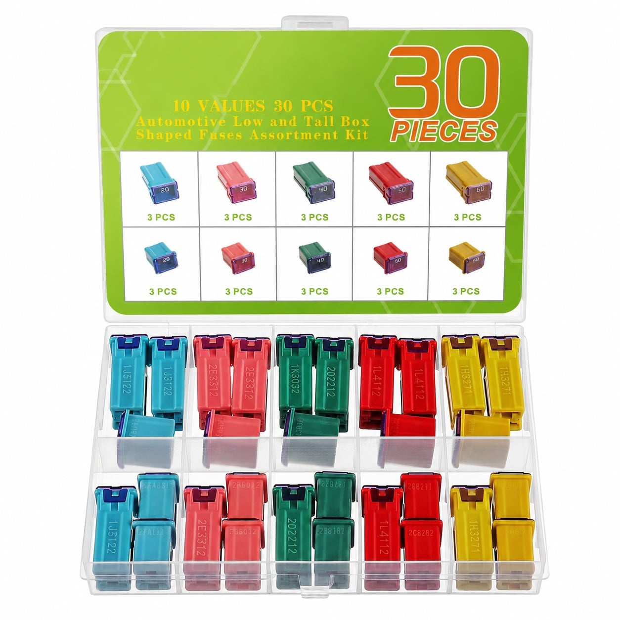 KHKFY  Automotive Fuse Kit High and Low Profile Box Shaped Fuses 20A 30A 40A 50A 60A Pack of 30 for Cars Trucks and SUVs durable home and garden