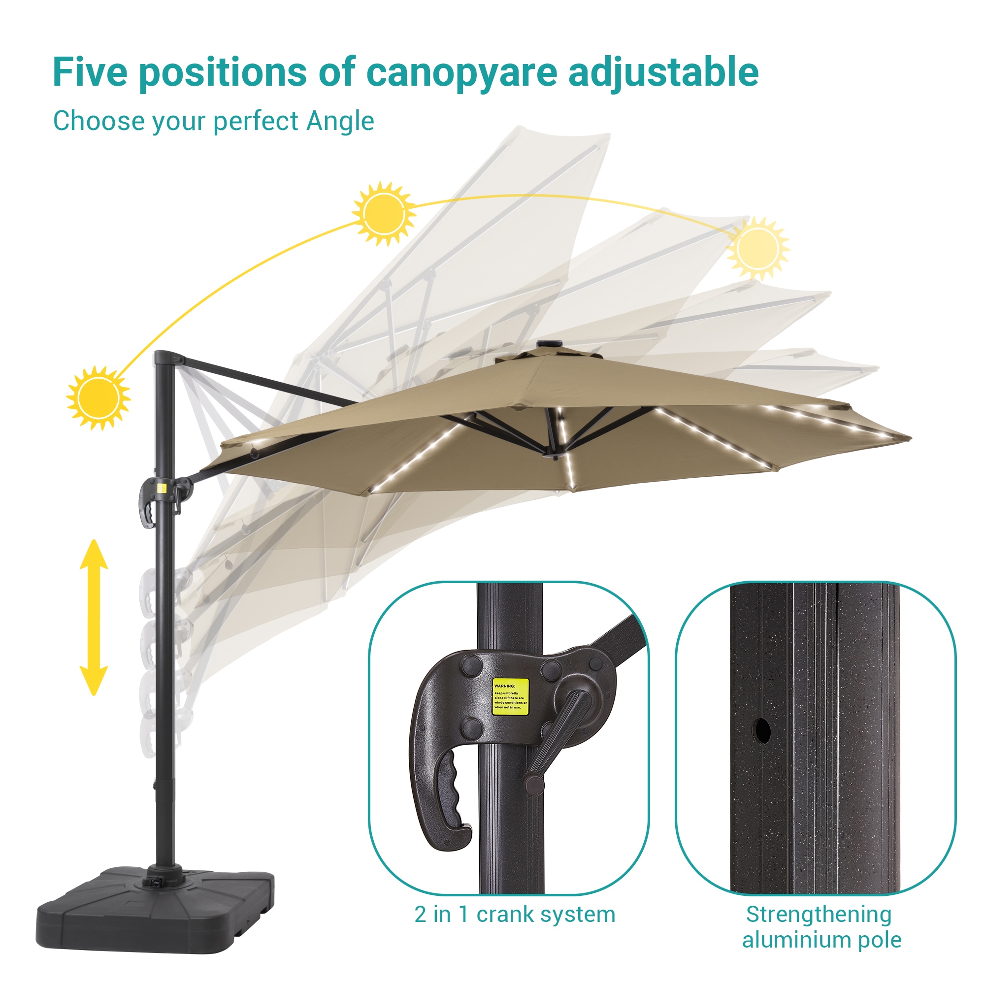 ACEGOSES 11-ft Aluminum Tan No-tilt Market Patio Umbrella with Lights ...