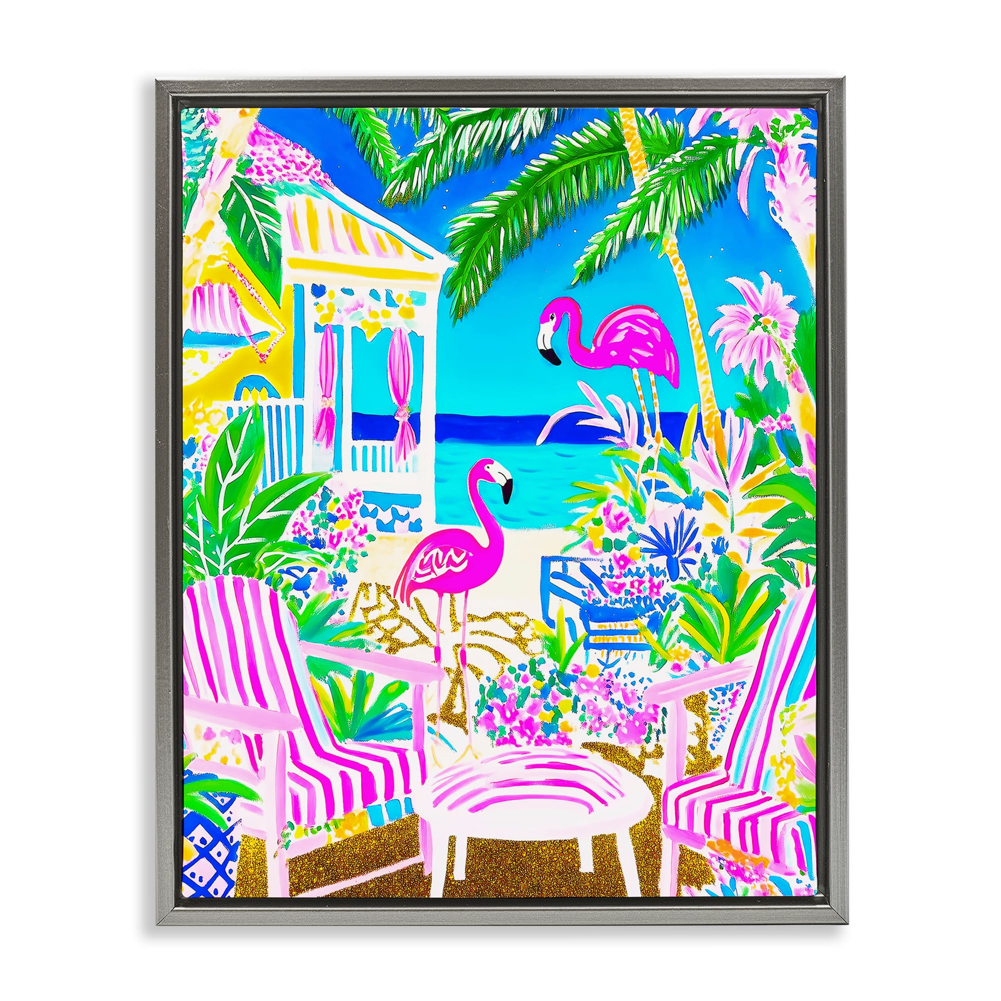 Stupell Industries BT-303-FFL-24X30 Vivid Flamingos on Tropical Beach Gray Framed Floater Canvas Wall Art By Jess Stempel 25 x 31