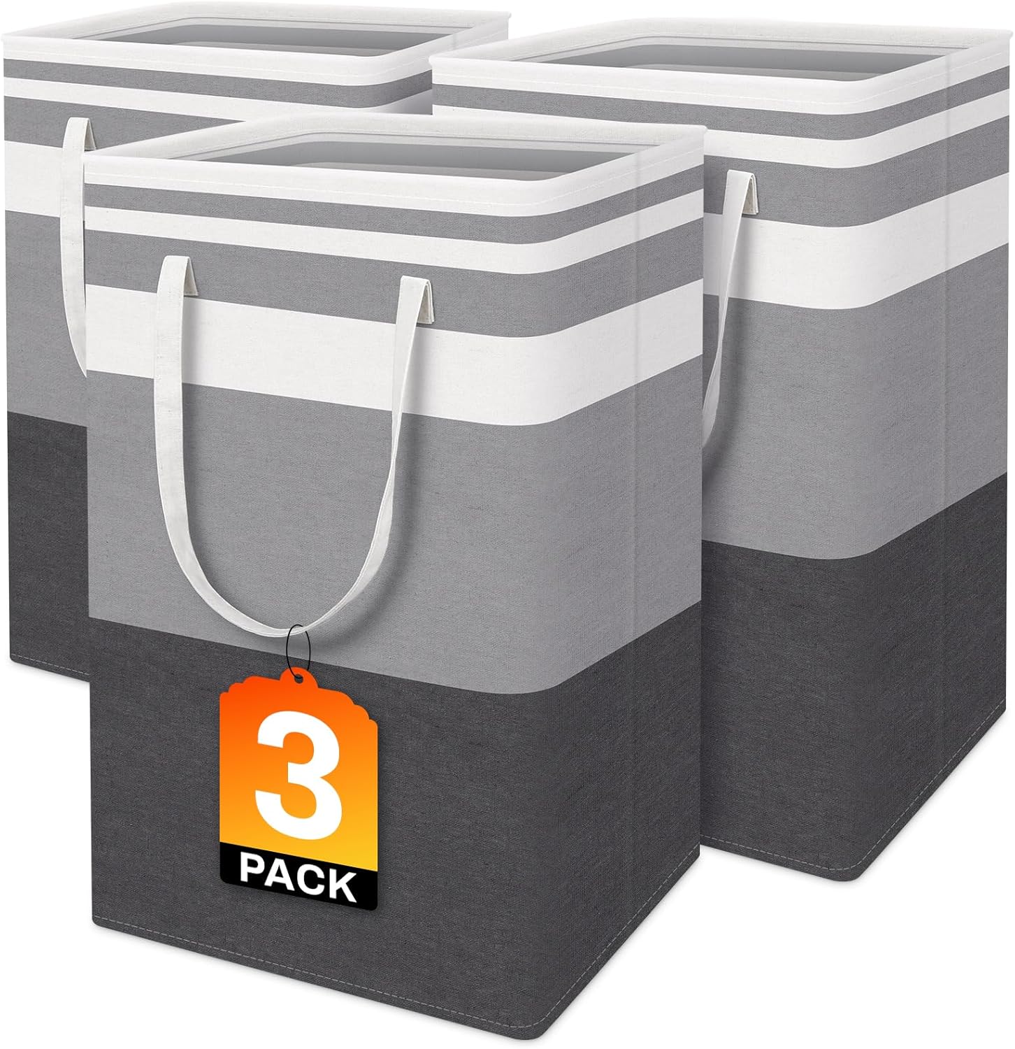 BlissTotes  3-Pack 75L Large Laundry Basket Set Freestanding Clothes Hamper with Double Reinforced Long Handles Waterproof Collapsible Laundry Bin for Family Dorm and Travel 24-in Height