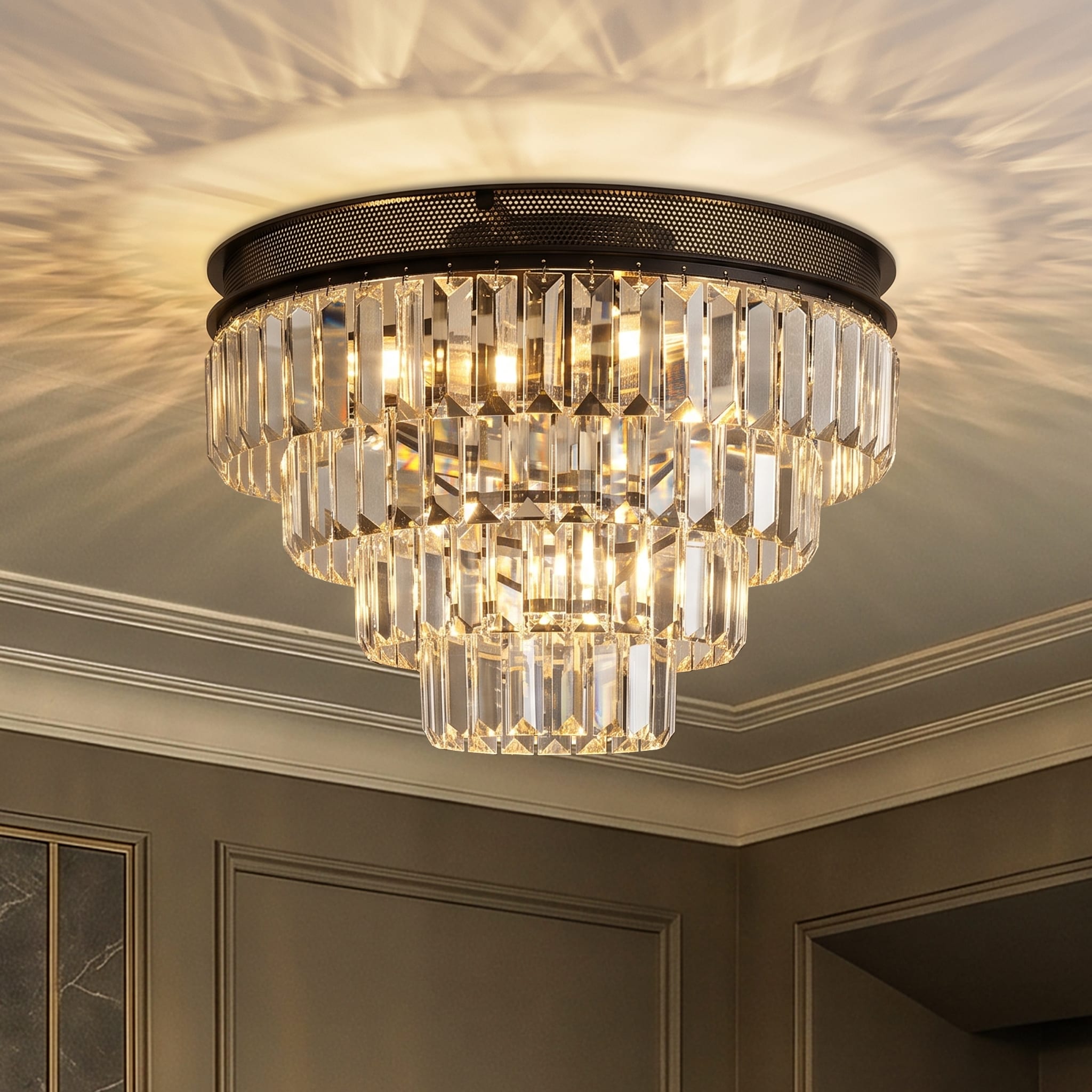 AloaDecor Lighting 18-in Matte Black Indoor 4 -Light Flush Mount Light with Crystal Shade