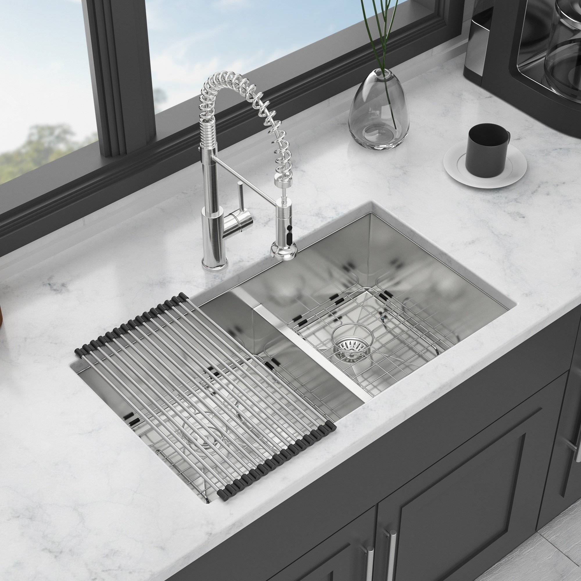 IAK 30 inch x 19 inch x 10 inch Brushed Nickel Stainless Steel Undermount Double Bowl Kitchen Sink with 60/40 Basin Split and Low Divider