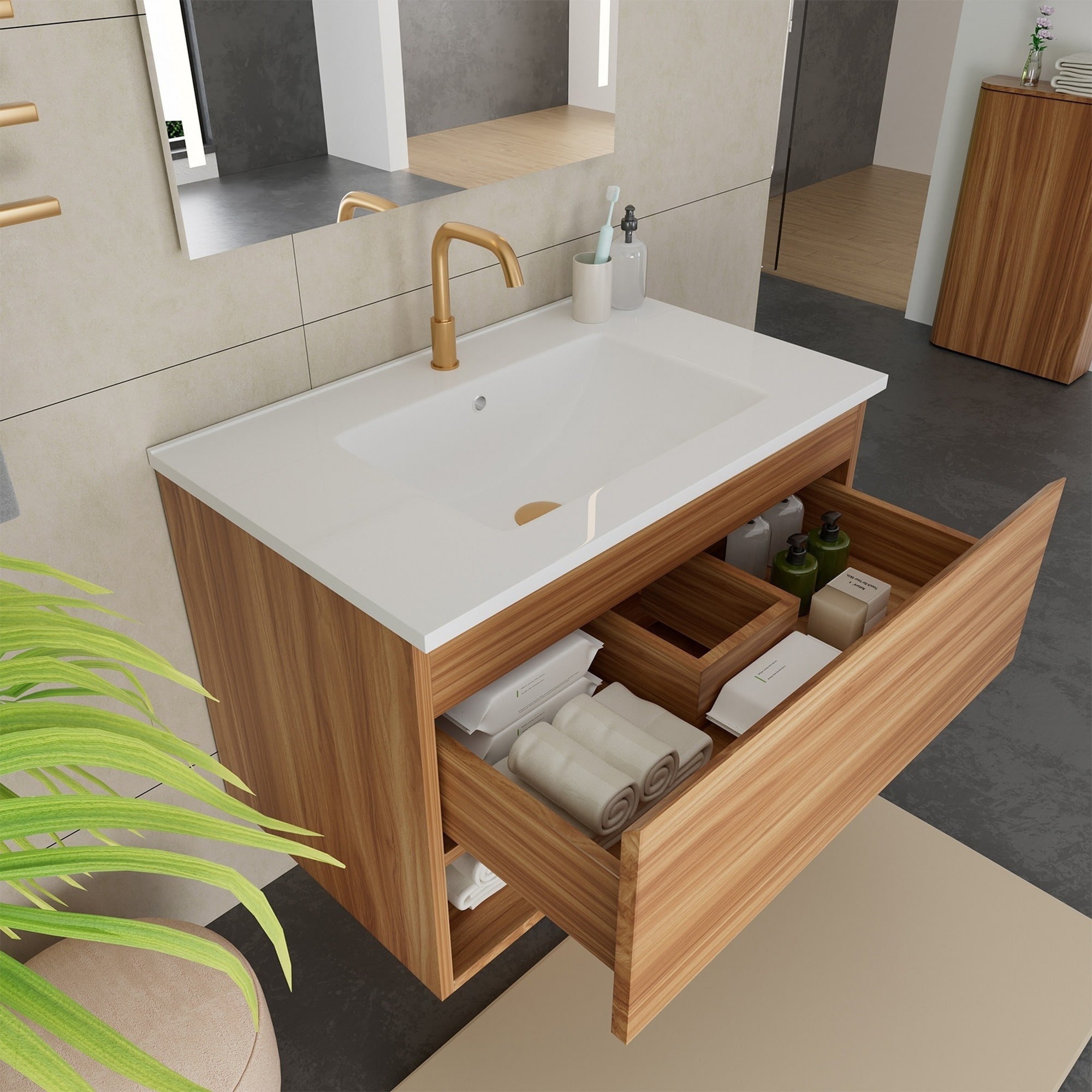 IAK 30 inch Natural Walnut MDF Wall Mounted Bathroom Vanity with Large Storage Drawers