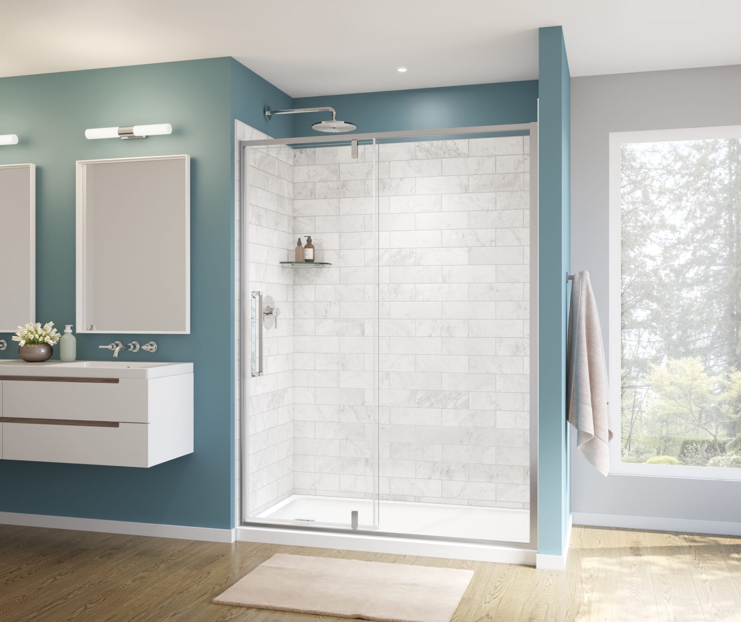 MAAX 135326-900-282-000 Uptown Chrome 57-in to 59-in W x 76-in H Frameless Pivot Shower door 5/16-in Thick Clear Glass