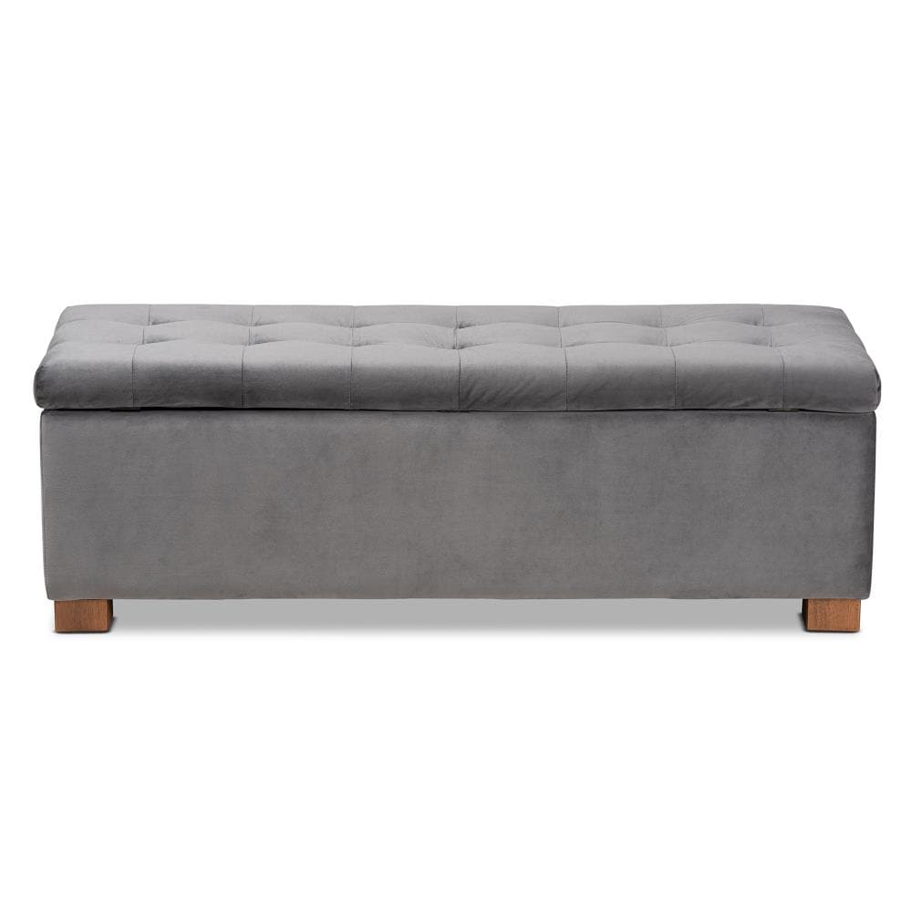 Gray Velvet Upholstered Grid Tufted Storage Ottoman Bench