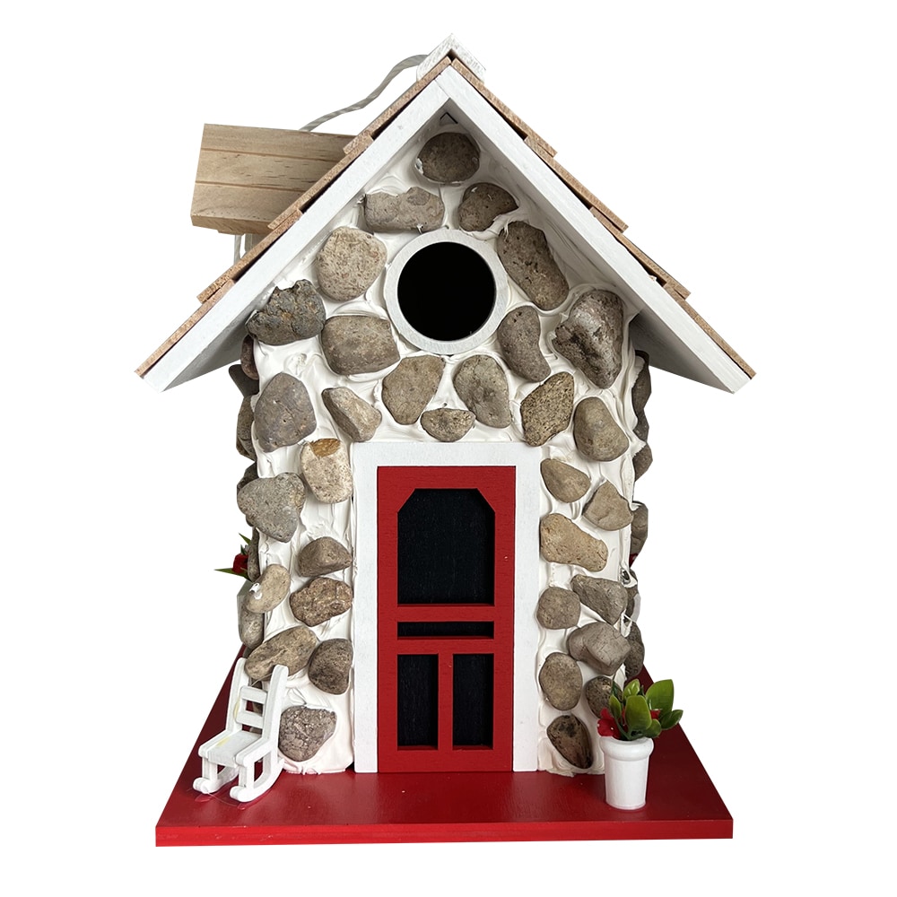 Handcrafted Stone Cottage Birdhouse with Red Accents