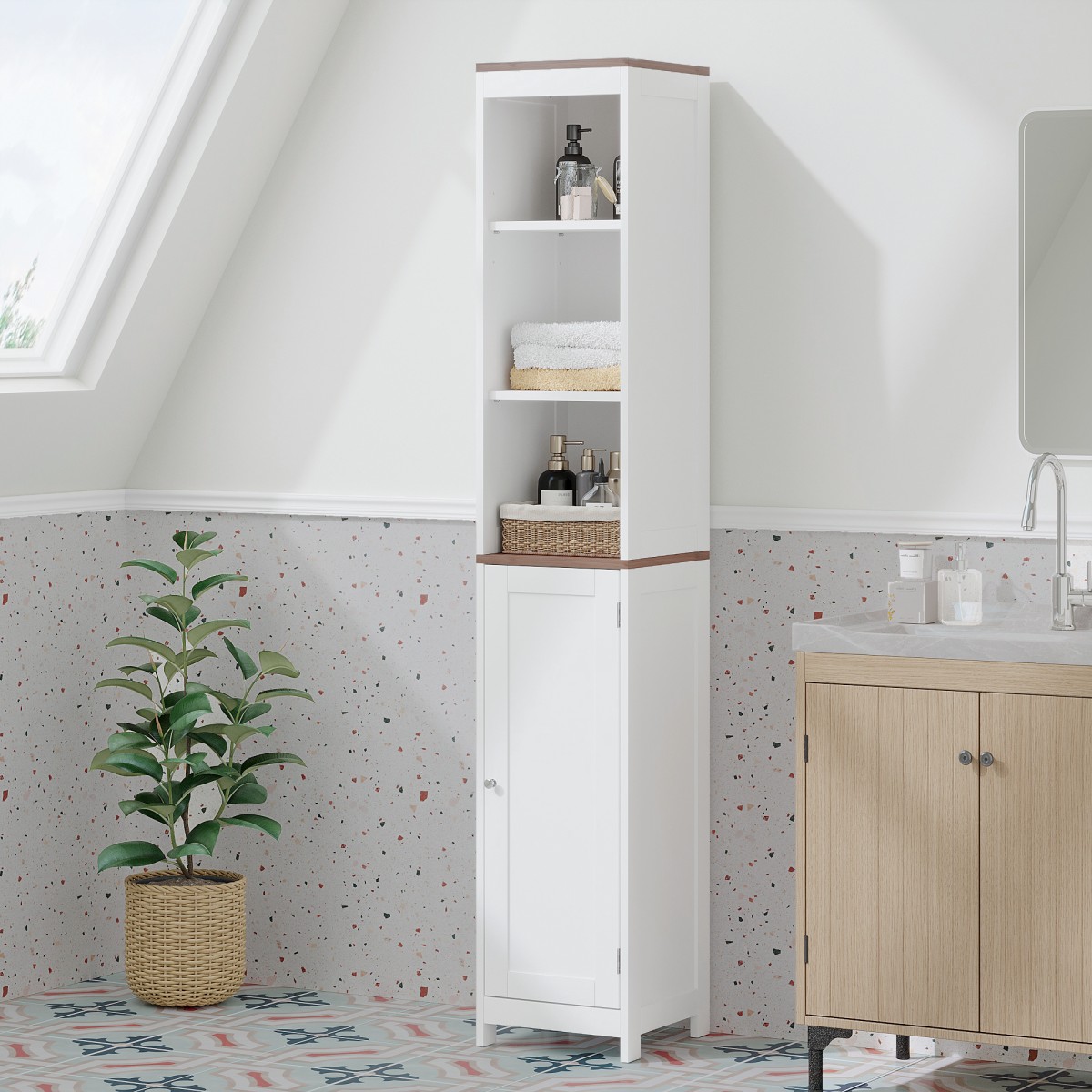 GlasFlength  67 Inch Tall Utility Cabinet with Doors Storage Cabinets Shallow Cabinet Reversible Door Open Shelves for Bathroom Laundry Room Small Spaces White