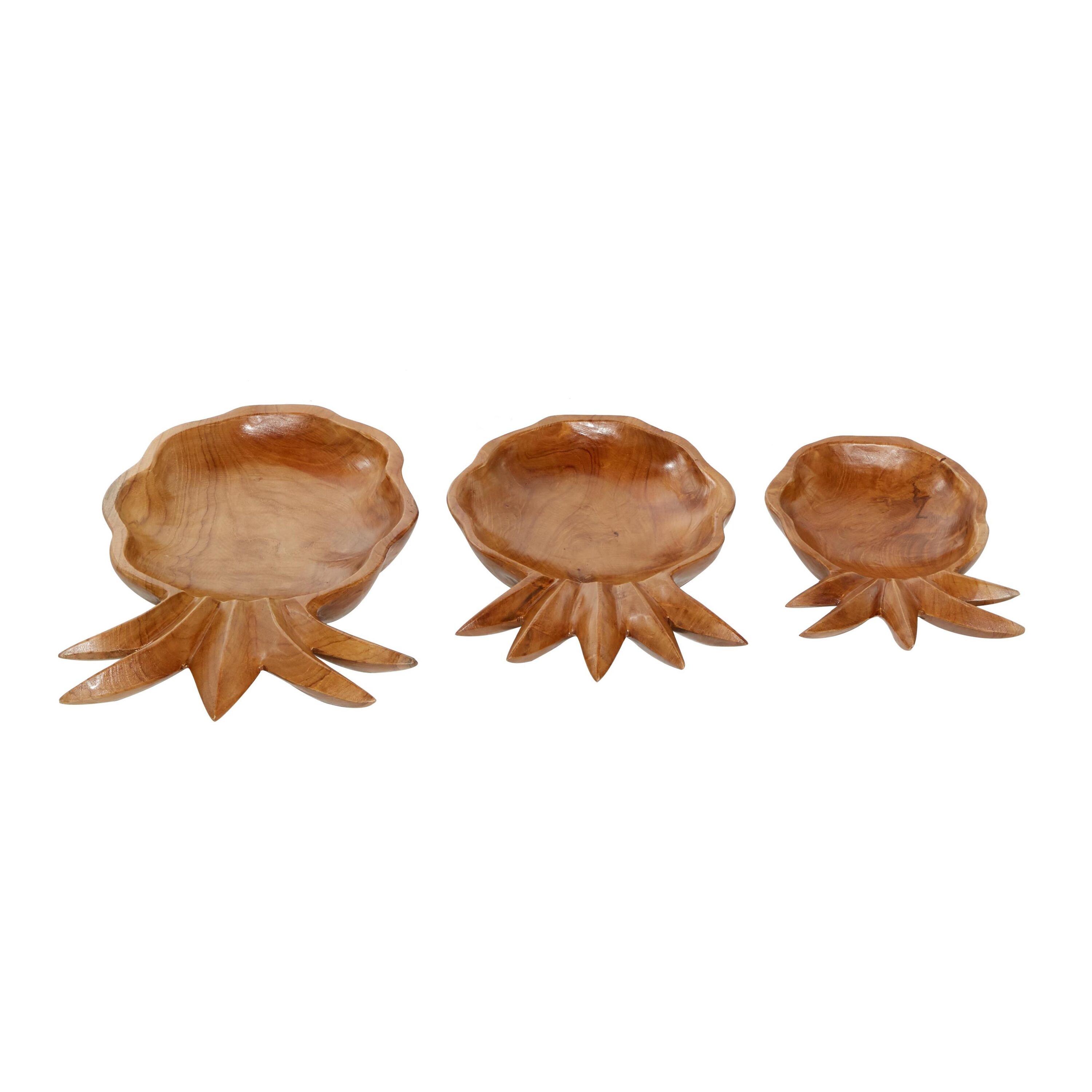 Teak Wood Handcrafted Pineapple-Shaped Decorative Bowl Set, Brown