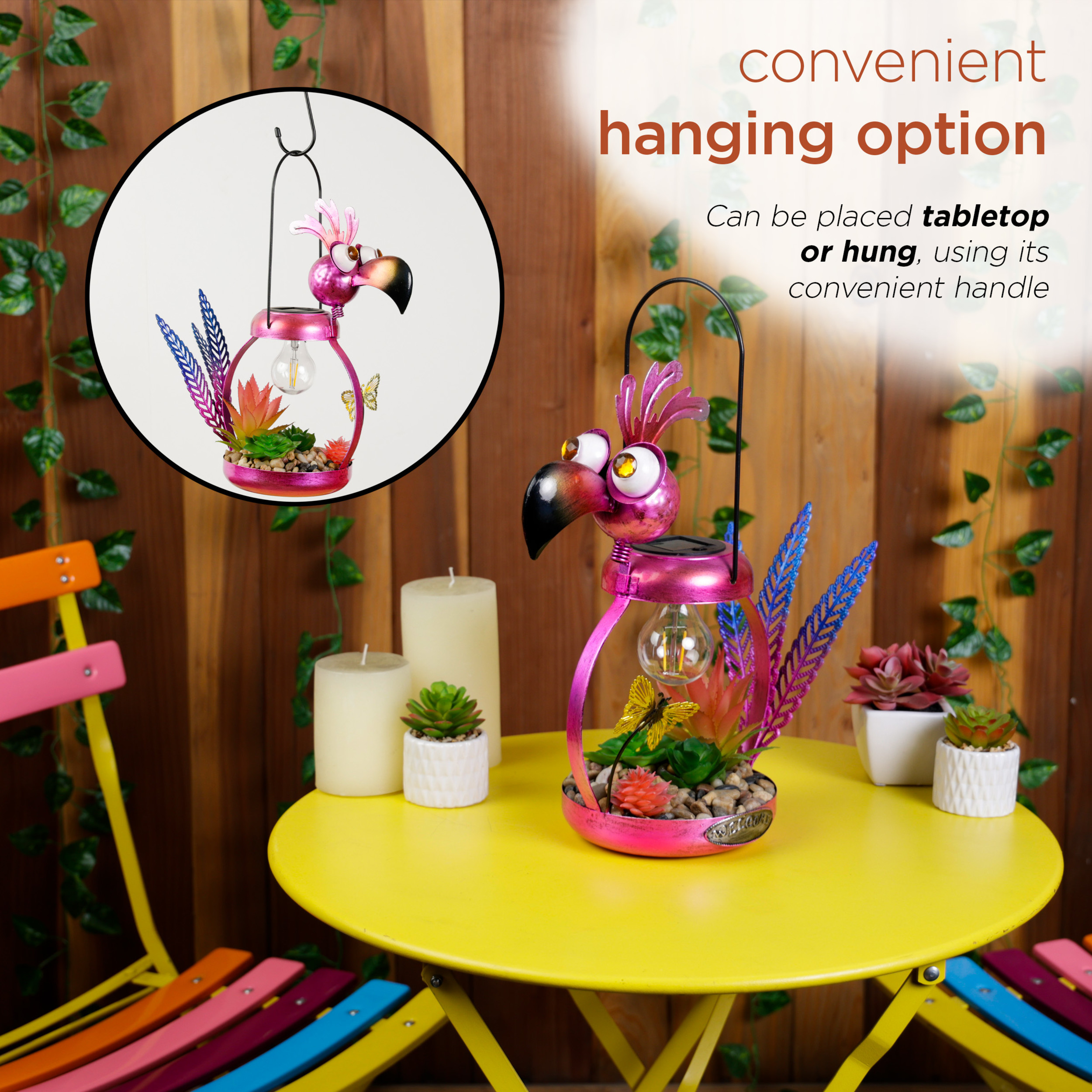 16" Solar Pink Flamingo Metal Garden Decor with LED Light