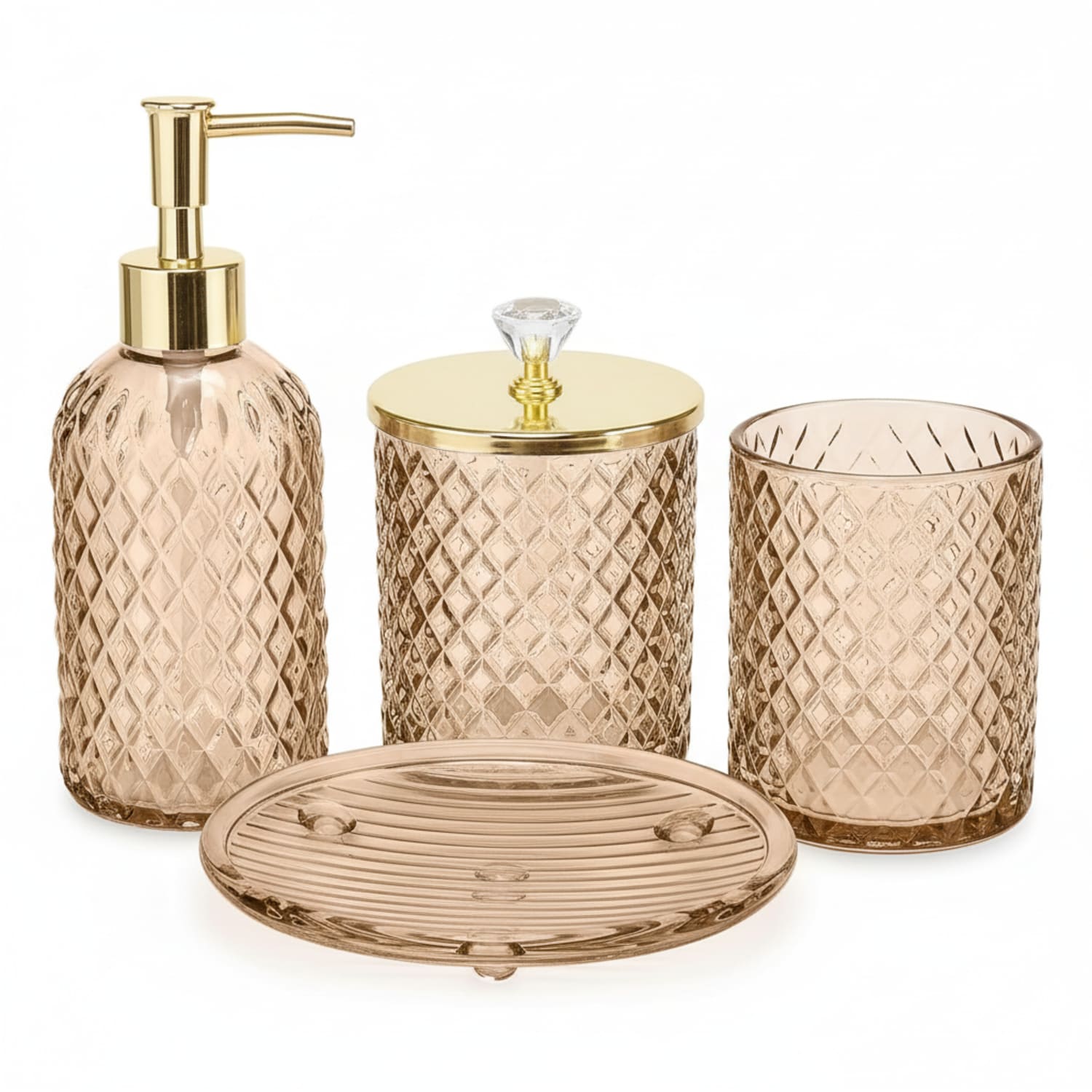 Paradigms Interiors 4 Piece Amber Brown Glass Bathroom Accessories Set With Soap Dispenser Toothbrush Holder Qtip Holder And Tray Gold Decor