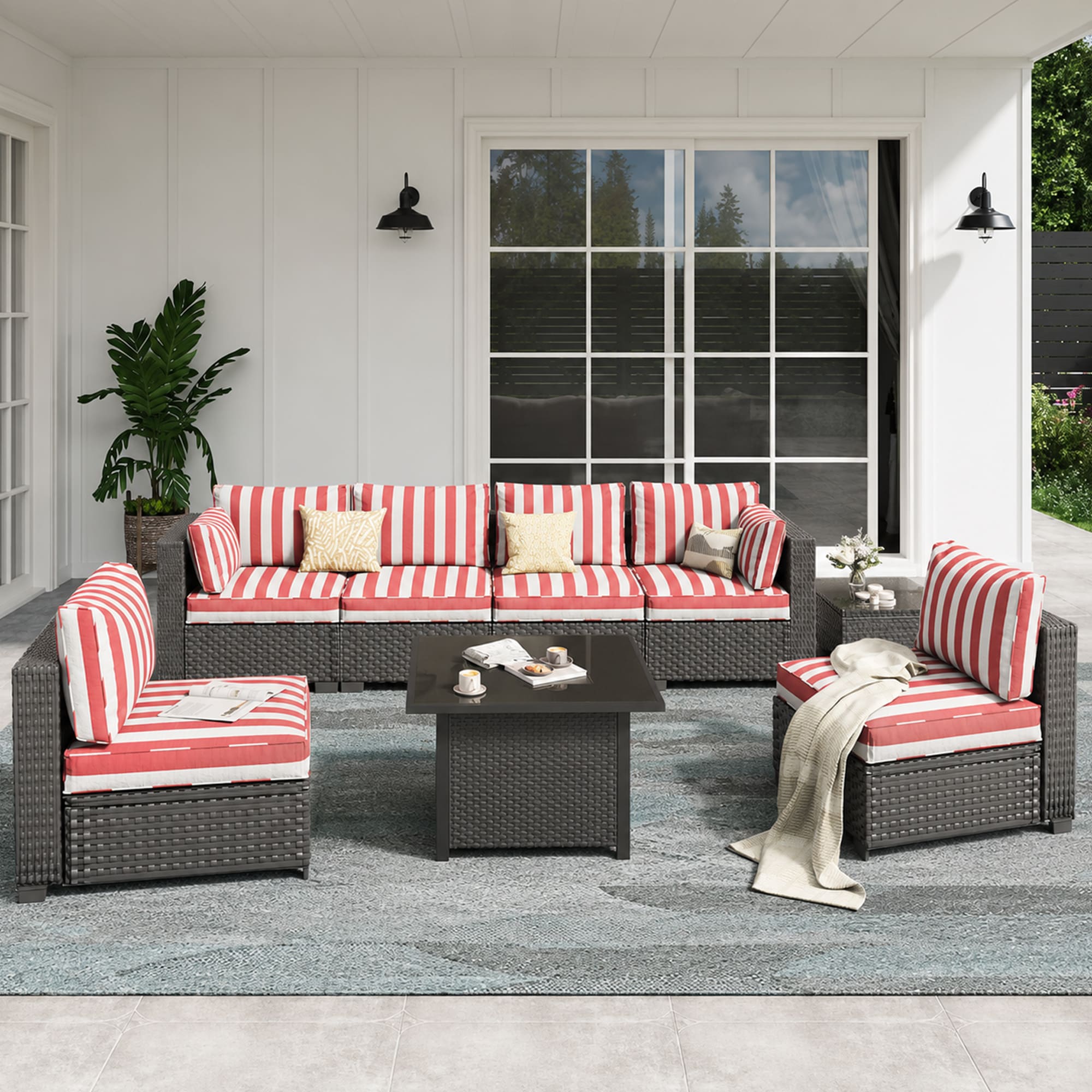 HYALON 7-Piece Wicker Outdoor Patio Conversation Sectional Seating Set with Middle Chairs and Striped Red Cushions