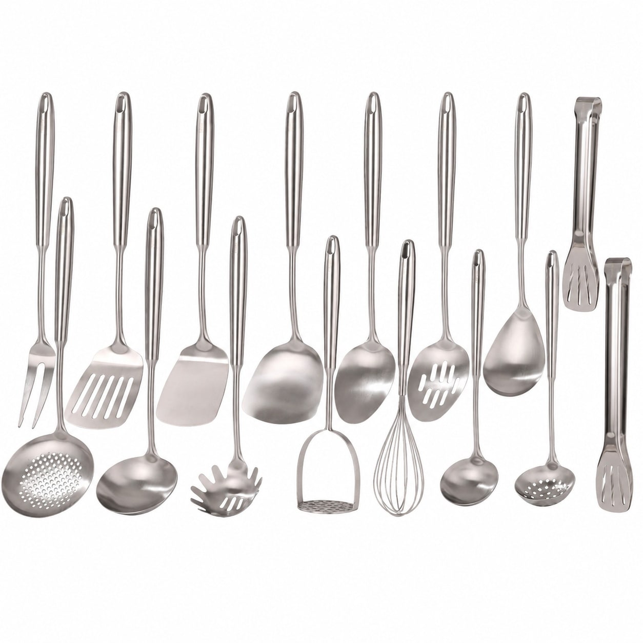 Vrbgify  18 by 10 Stainless Steel Cooking Utensils Set 16 Pieces All Metal Kitchen Tools Whisk Masher Fork Tongs Solid Slotted Spoon Spatula