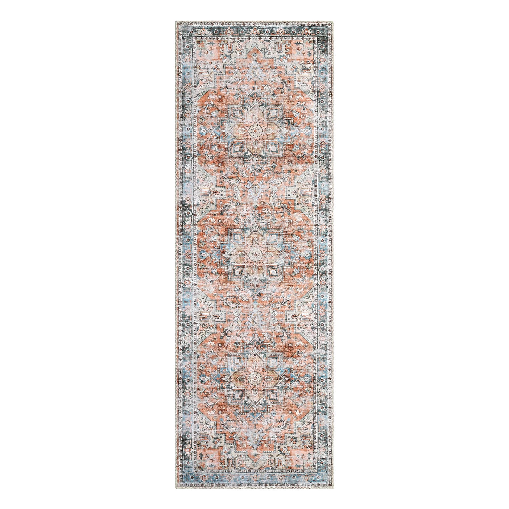 Qeetex SUNNY-PHO-11QJ1RQP 2 x 6 ft Polyester Brick Red Rectangular Indoor Laundry Bathroom Kitchen Floral Print Vintage Machine Washable Runner Rug