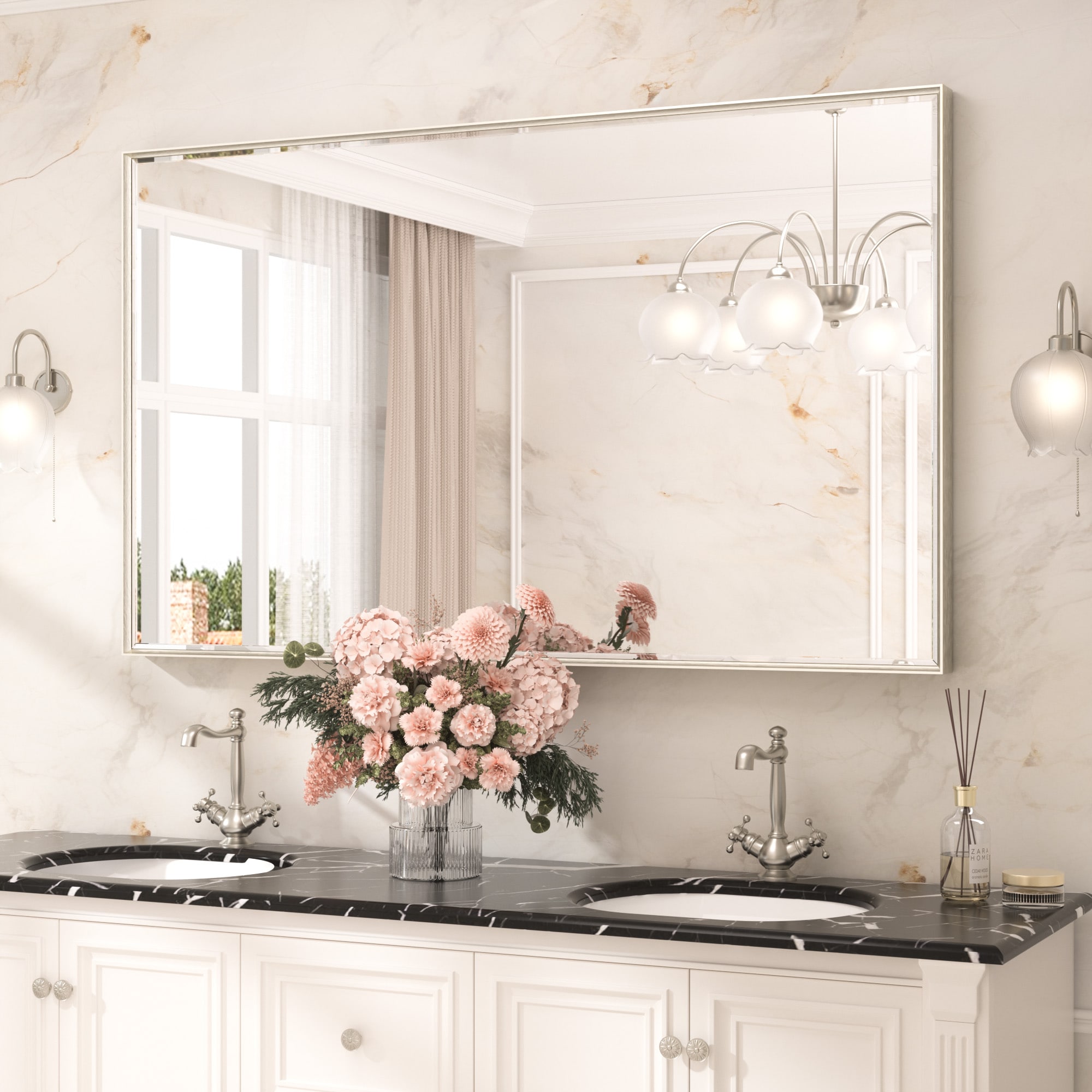 TETOTE 60x36 Inch Brushed Nickel Beveled Bathroom Vanity Mirror Metal Framed Over Sink Wall Mirror Horizontal/Vertical