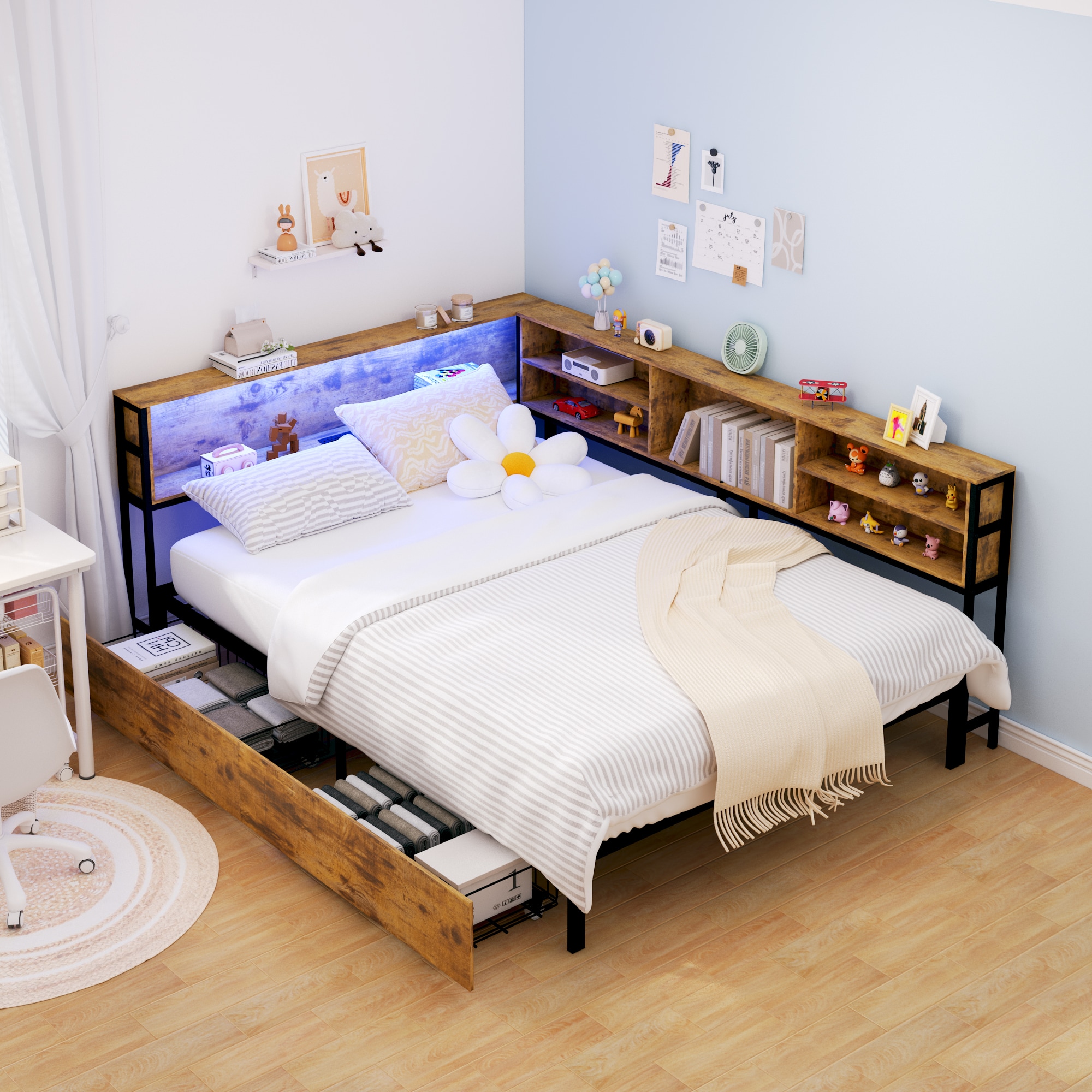 Bellemave Brown Corner Bed Frame Full with Storage Drawers and Bookcase Headboard Metal Platform Corner Bed Frame with Charging Station and LED Lights L-Shape Daybed for Living Room Bedroom and Guest Room