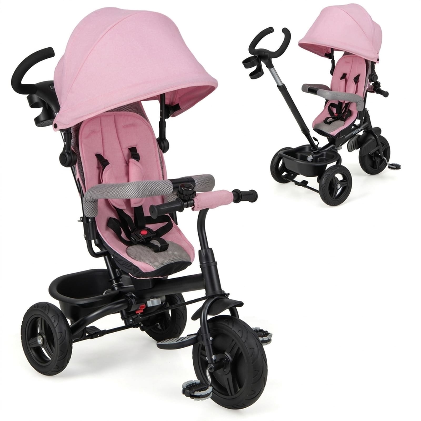 SUGIFT 4-in-1 Baby Tricycle Toddler Trike with Reversible Seat 5-Point Harness Adjustable Canopy and Push Handle for 9 to 60 Months Pink