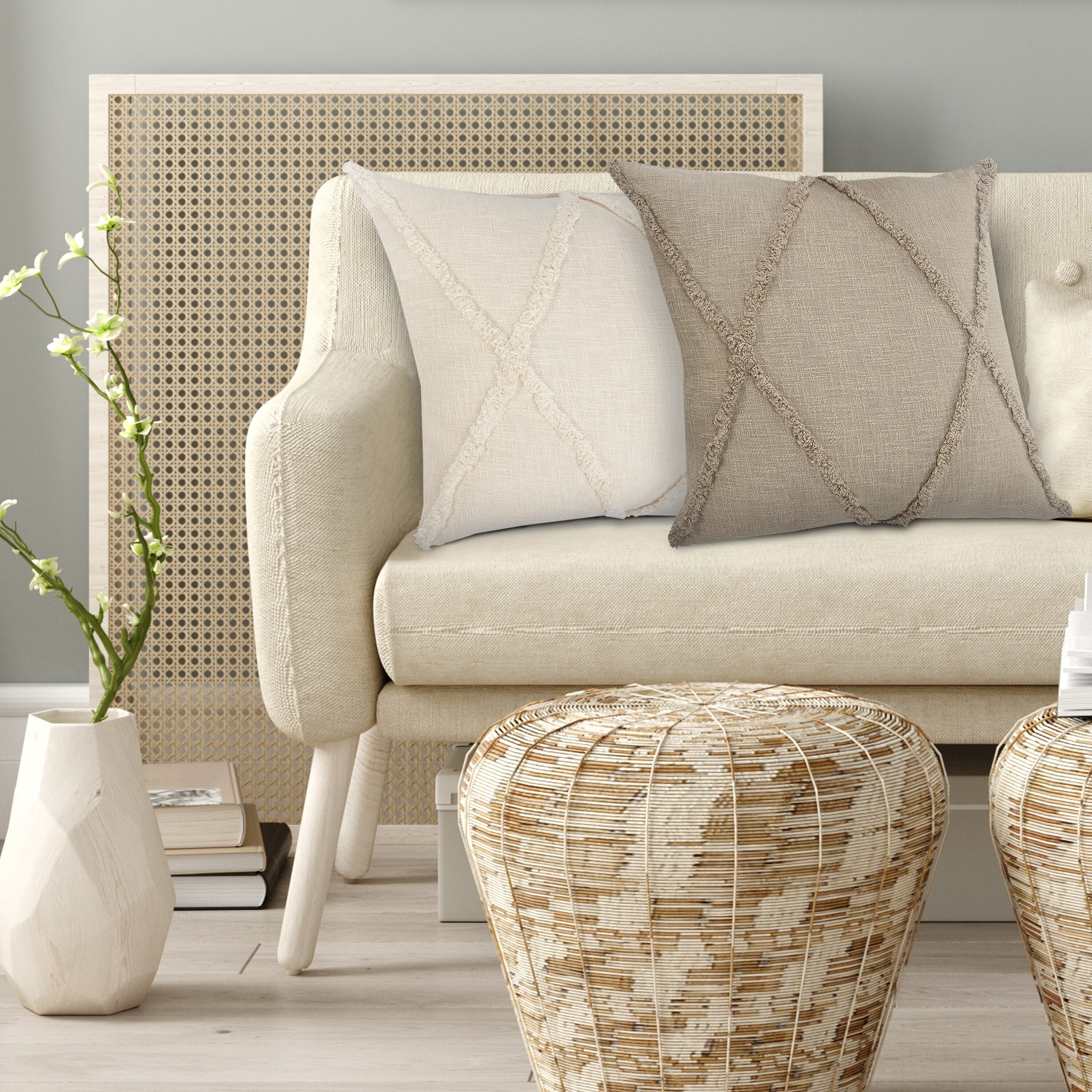 Taupe Hand Woven Diamond Tufted 20" Square Throw Pillow