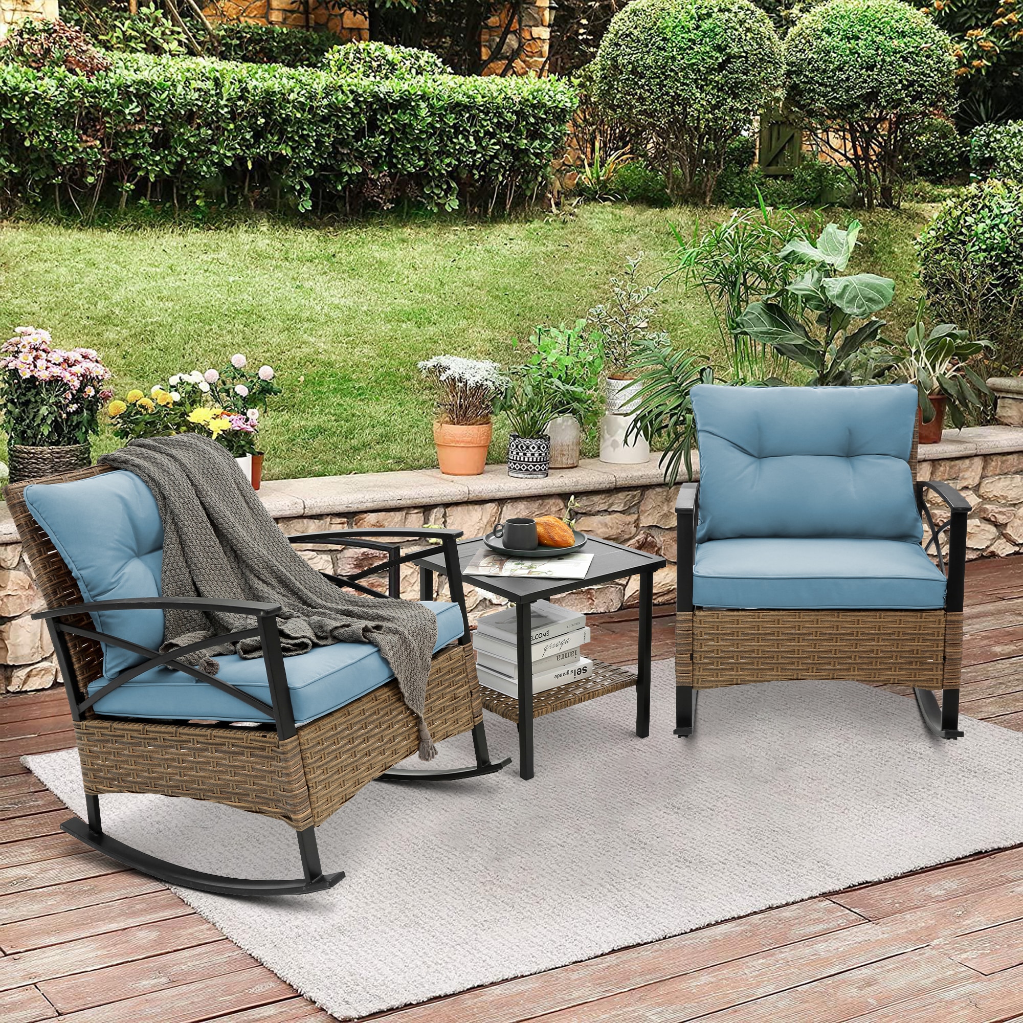 Forclover MONMTM08DG 3 -Piece Rattan Patio Conversation Set with Blue Cushions