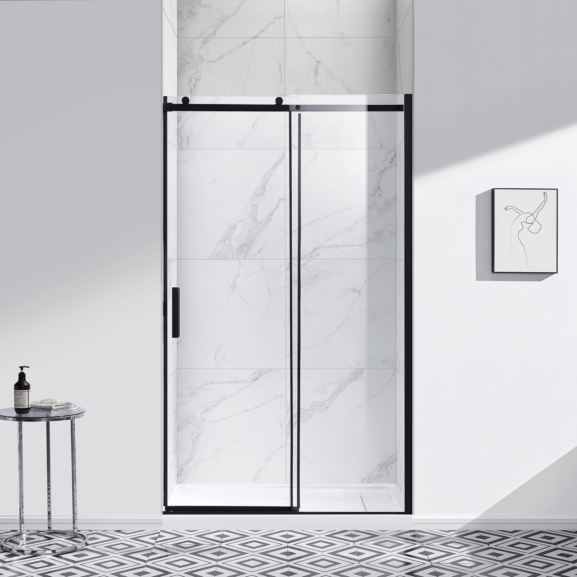 allen + roth DAVIDSON-48GP-MB Davidson Matte black 44-3/4-in to 48-in W x 78.74-in H Frameless Sliding Shower door 1/4-in Thick Clear Glass