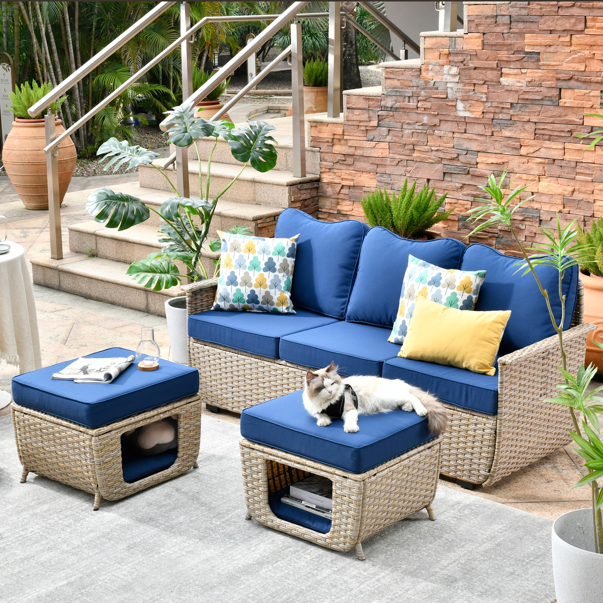 Ovios New Vultros Rattan Outdoor Sofa with Blue Cushion(S) and Rattan Frame  in the Patio Sectionals & Sofas department at