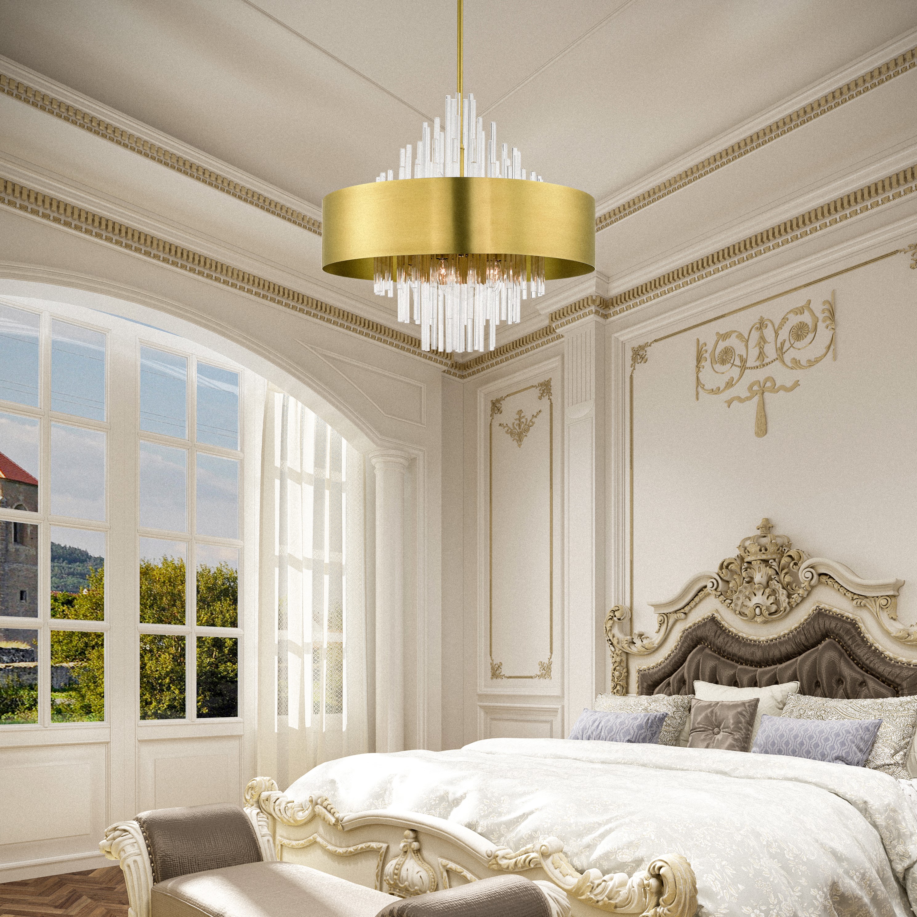 Natural Brass and Crystal 10-Light Drum Chandelier