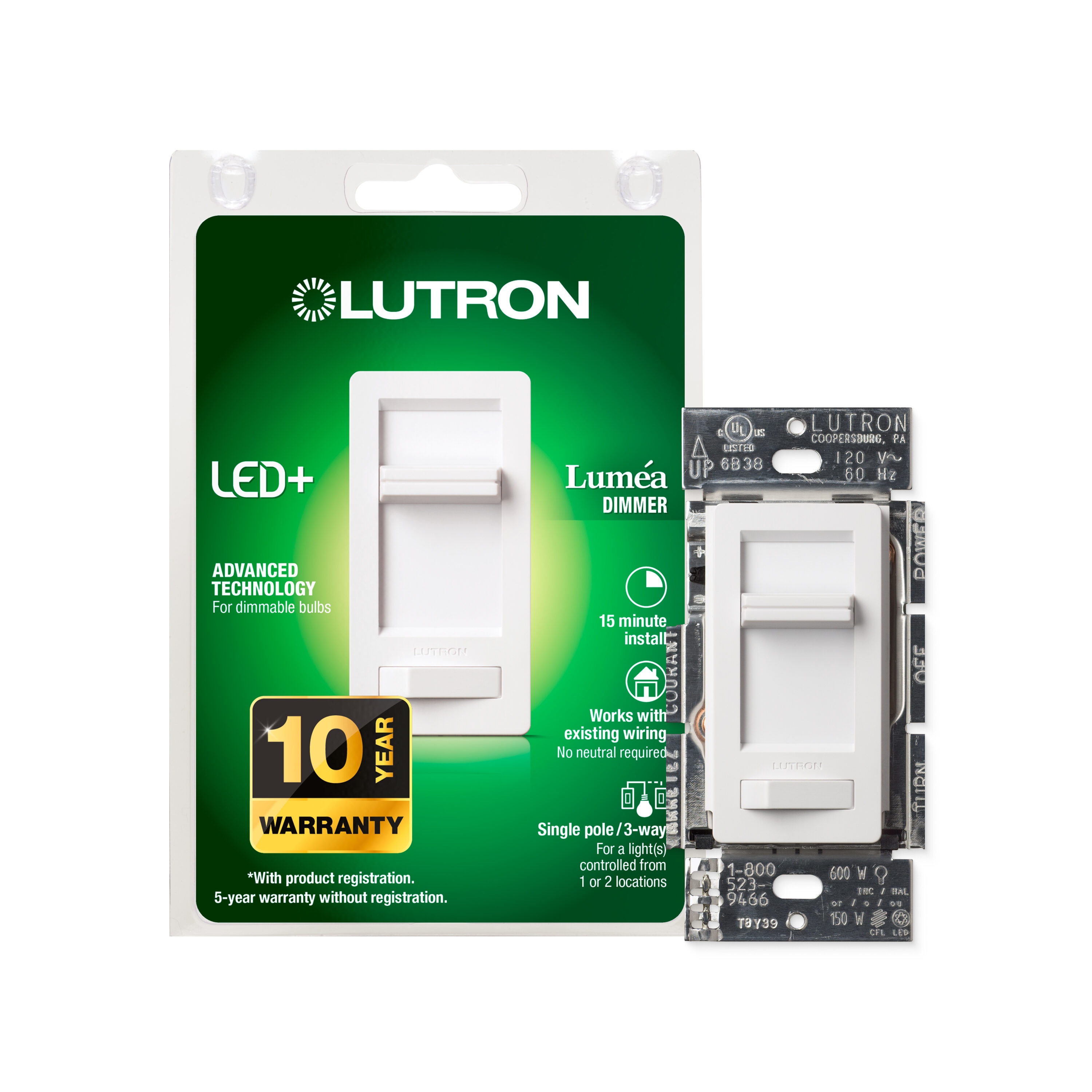 Lutron LECL-153PH-WH Lumea LED+ Single-pole/3-way LED Slide Light dimmer switch White