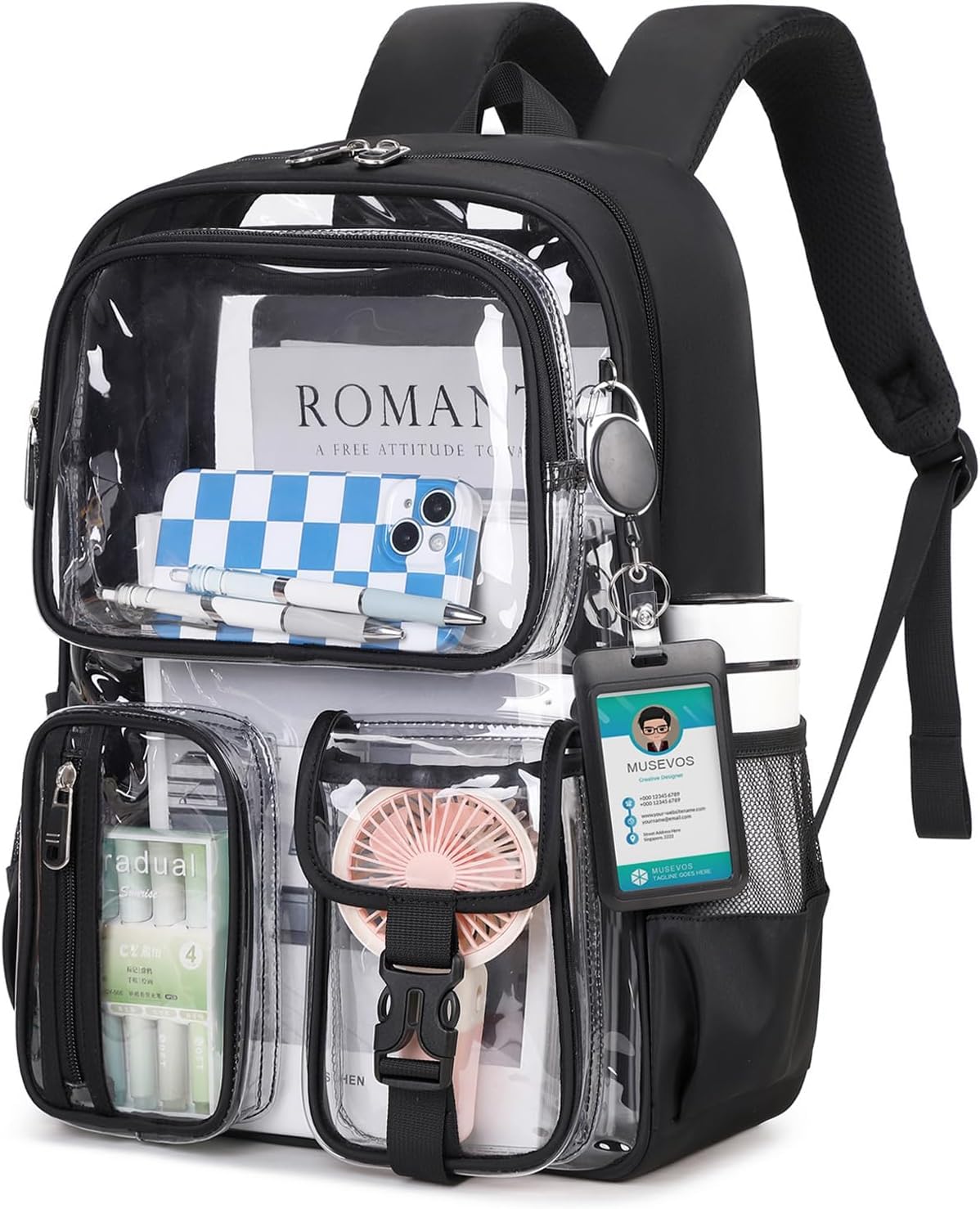 KINGSLONG Clear Backpack with Badge Holder Heavy Duty Transparent Bookbag with S-Shaped Padded Shoulder Straps for School Stadiums and Travel