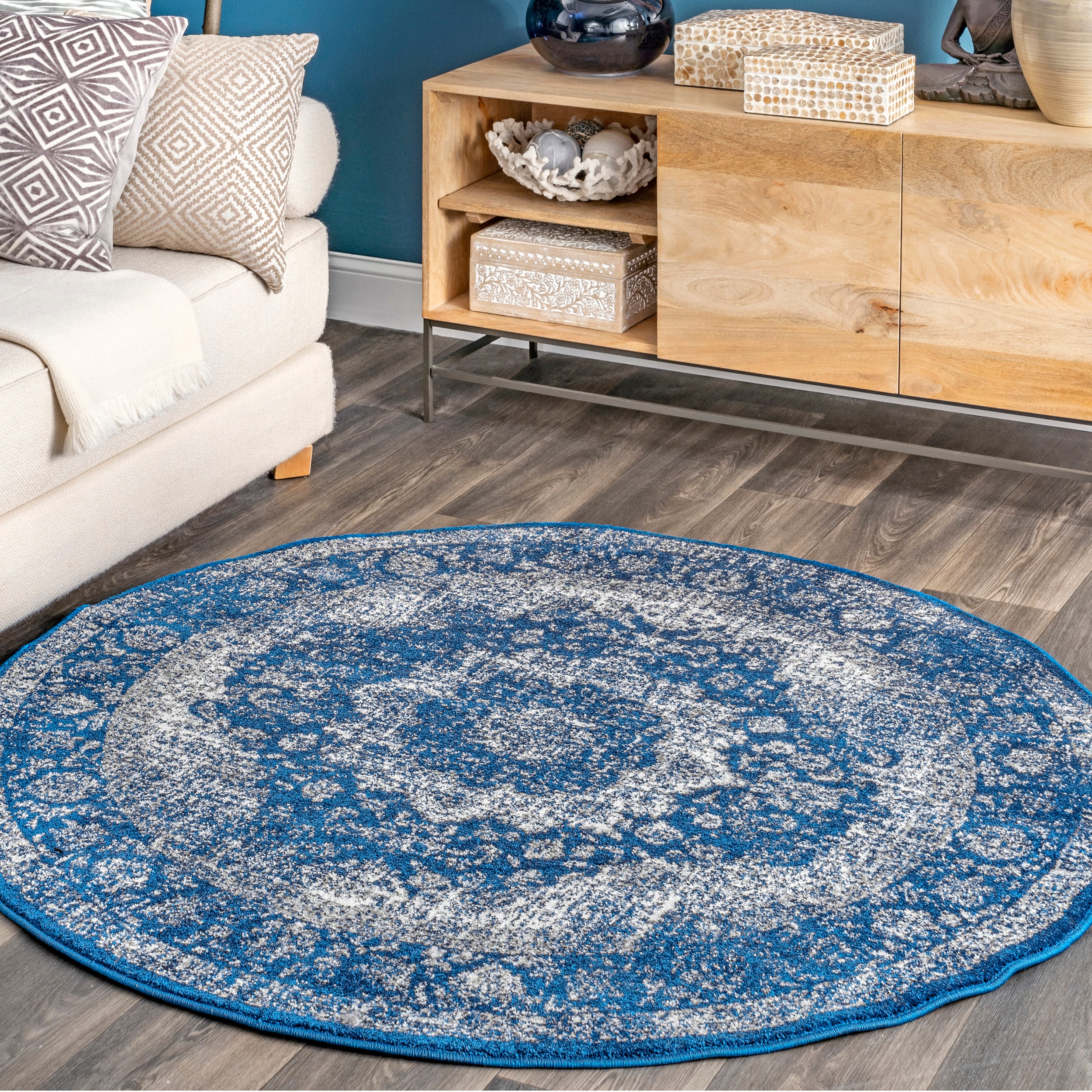 nuLOOM RZBD07C-R505 5 x 5 (ft) Loomed Polypropylene Dark Blue Round Indoor Distressed/Overdyed Area rug