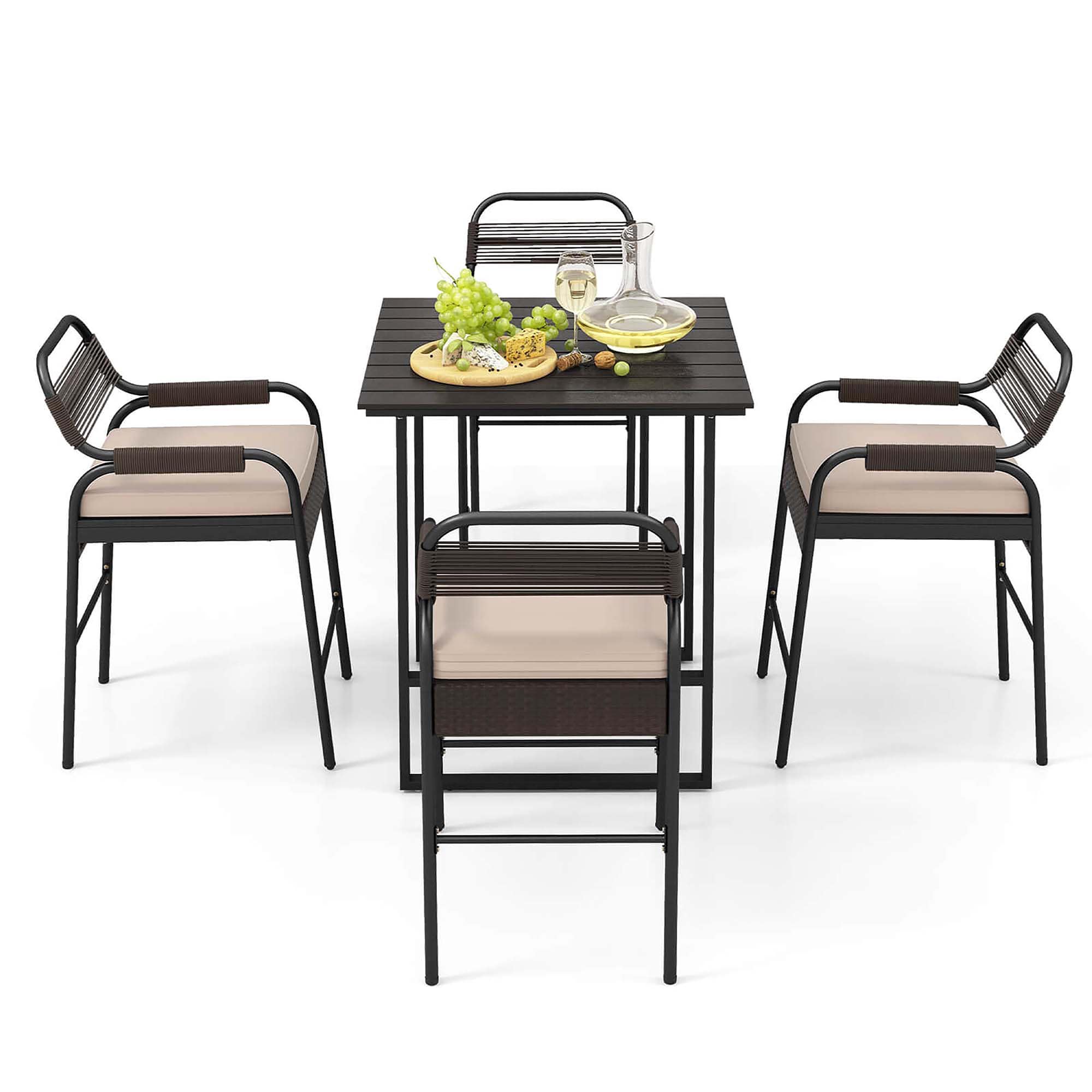 Costway - 5 -Piece Mix Brown Rattan Counter height Steel Square Table with 4 Beige Cushions Stati...
