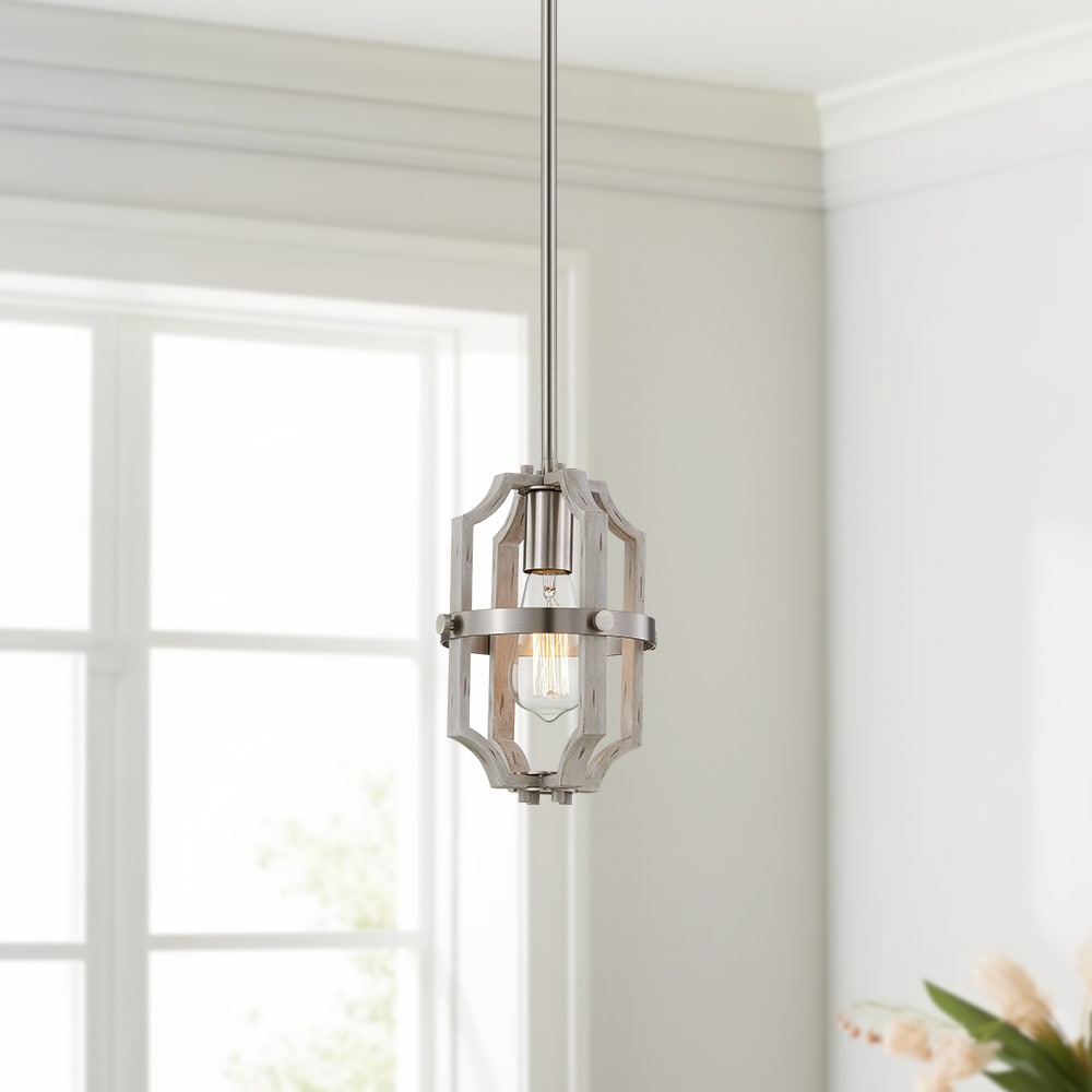 True Fine 20151P Luxwood Brushed Nickel/White-Wash Farmhouse Geometric Mini Hanging Pendant light