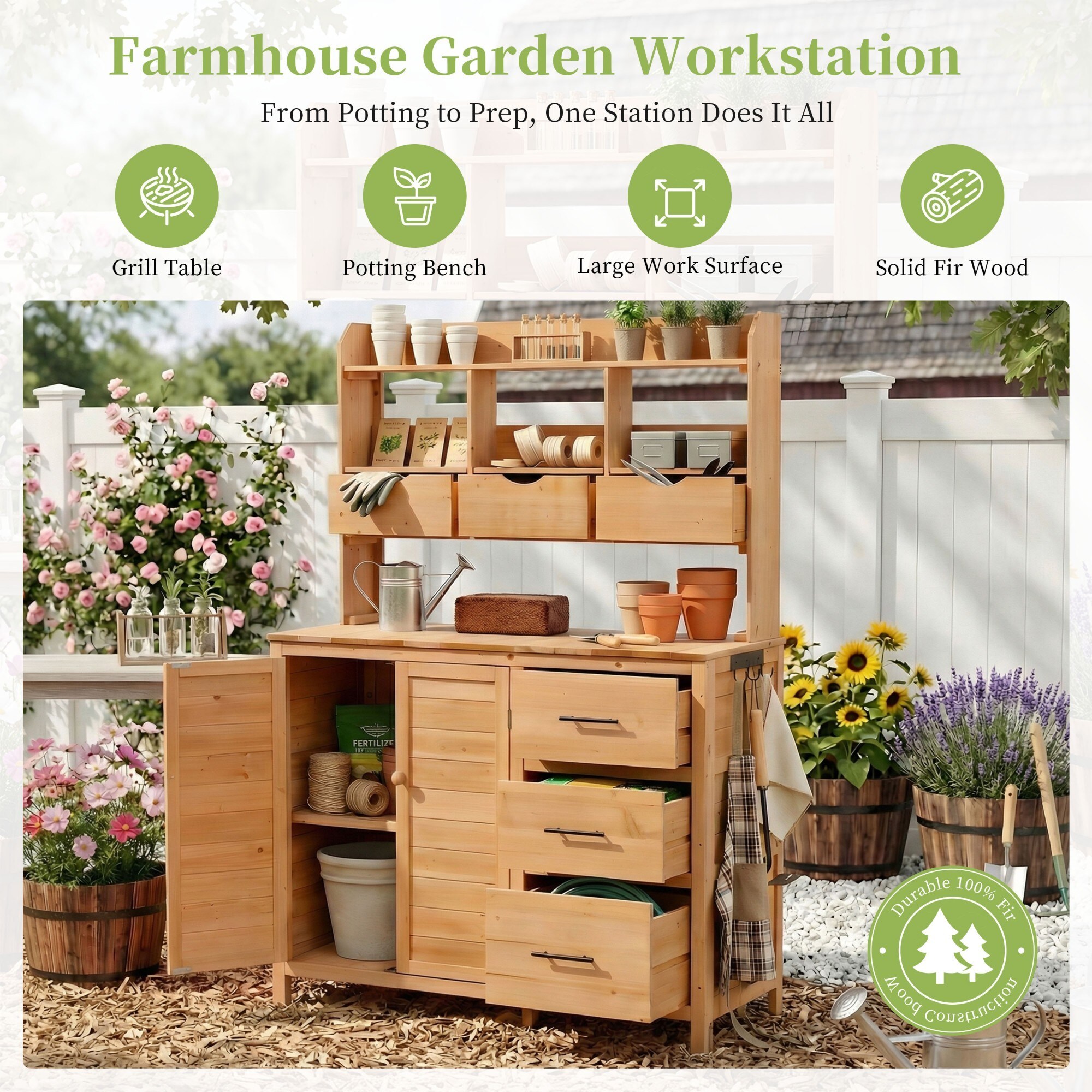 Dimakai Farmhouse Fir Wood Potting Bench 44.6 in W Outdoor Garden
