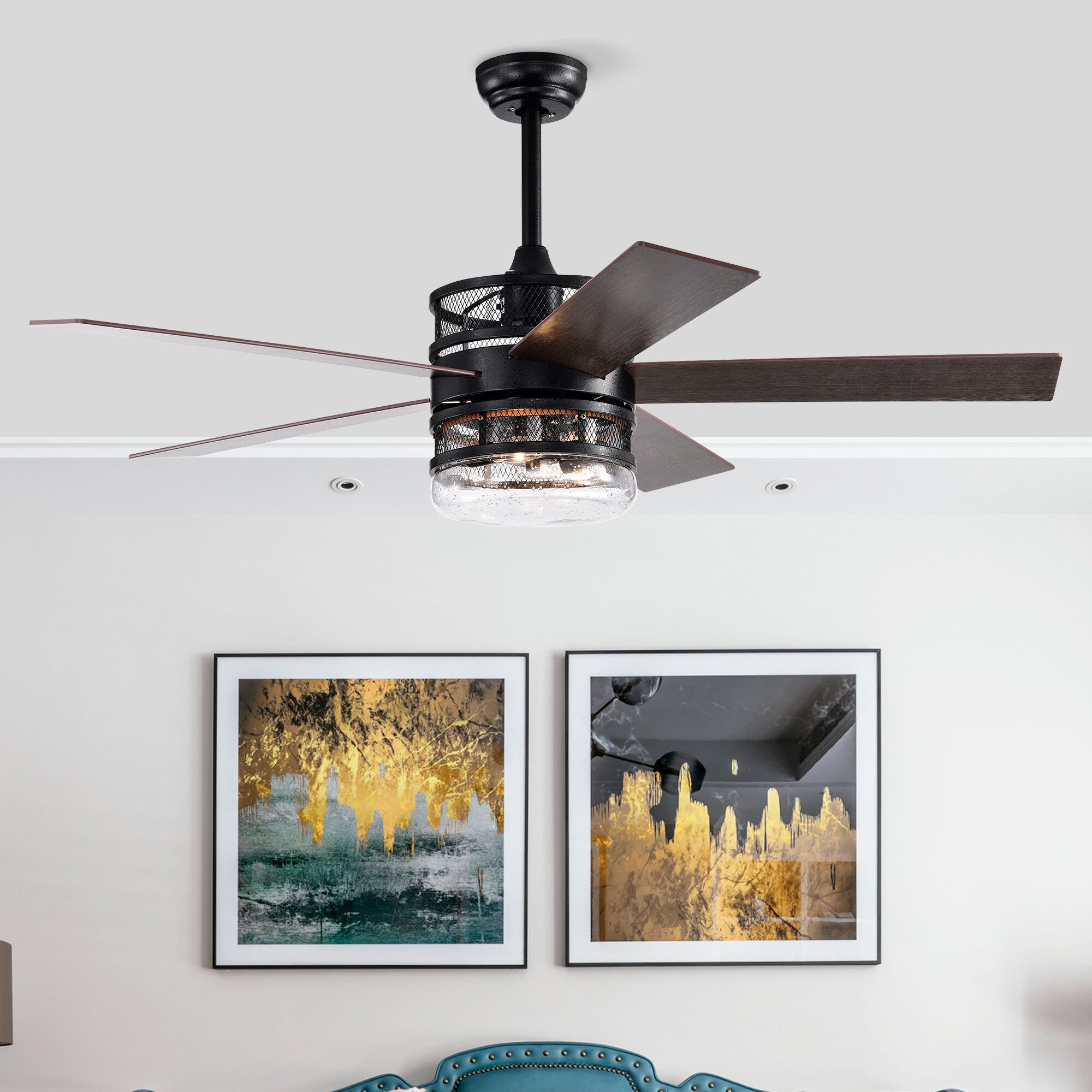 JIMSMAISON JMHECF13-52MB 52-in Matte Black with Brown Blades Ceiling Fan Without Light - Remote Included ( 5 -Blade )
