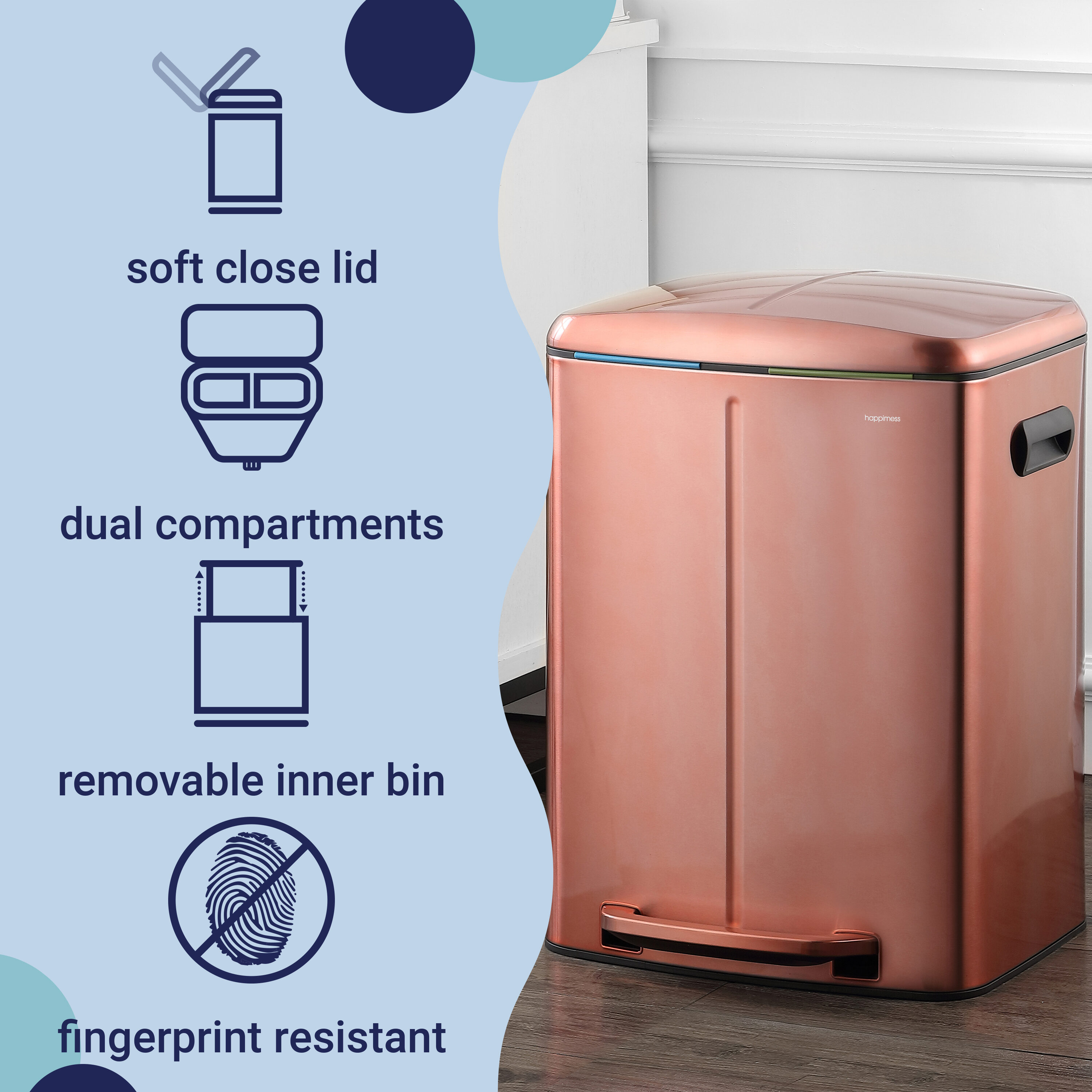 happimess Marco Rectangular 10.5-Gallon Double Bucket Trash Can with Soft-Close Lid, Rose Gold