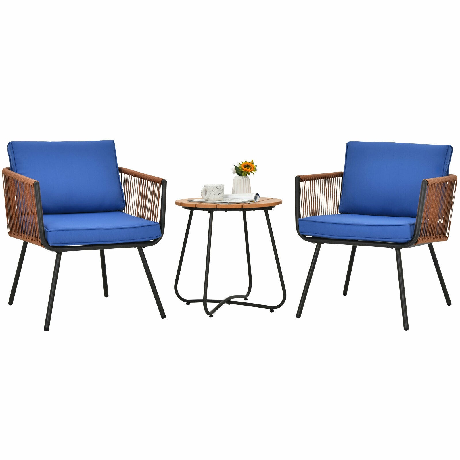 Forclover HYFE-67675 Patio Conversation-Set 3-Piece Rattan Patio Conversation Set with Blue Cushions