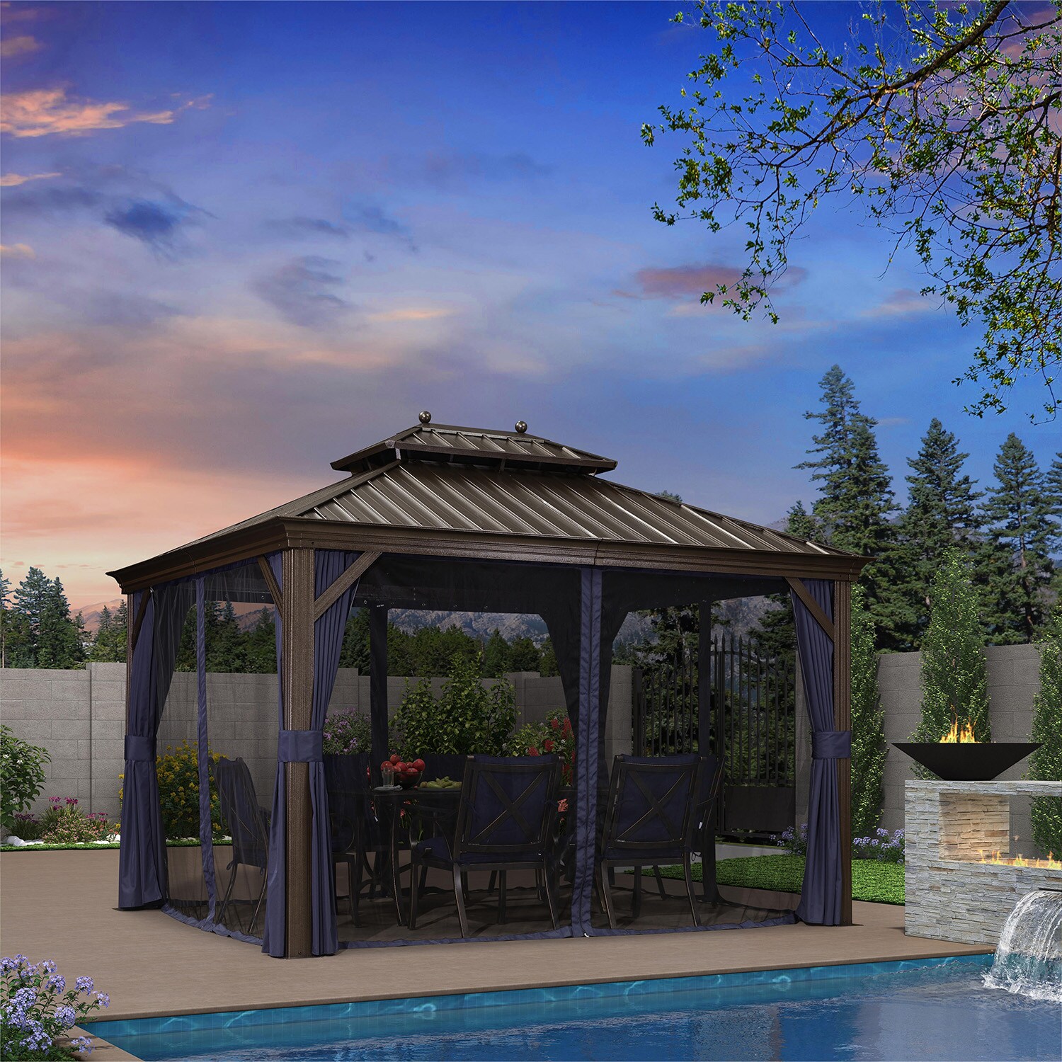 PURPLE LEAF 13-ft x 10-ft Gazebo Rectangle Navy Blue(W/Balls) Metal ...