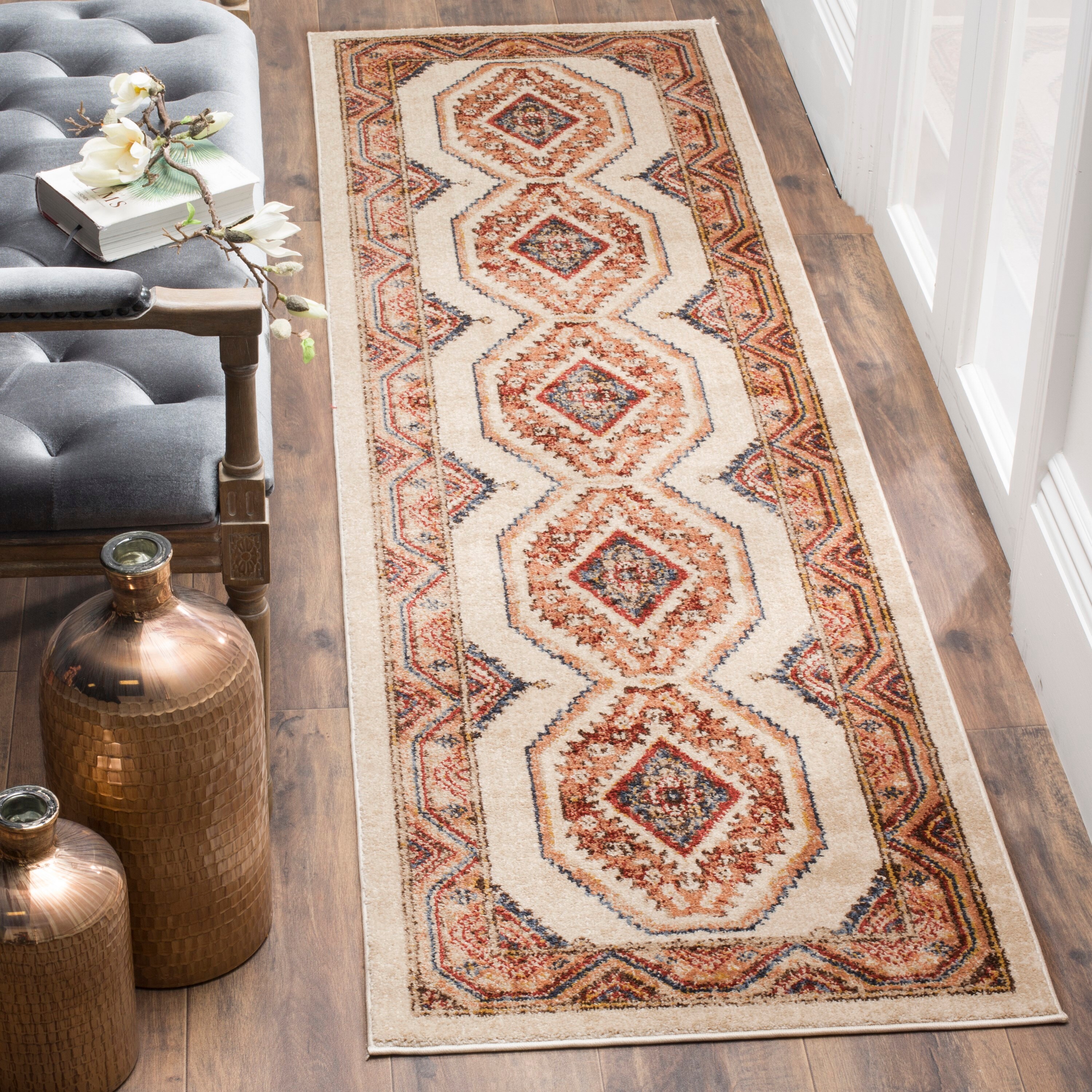 Safavieh BIJ647A-212 Bijar Usak 2 x 12 (ft) Loomed Polypropylene Ivory/Rust Rectangular Indoor Floral/Botanical Oriental Runner rug