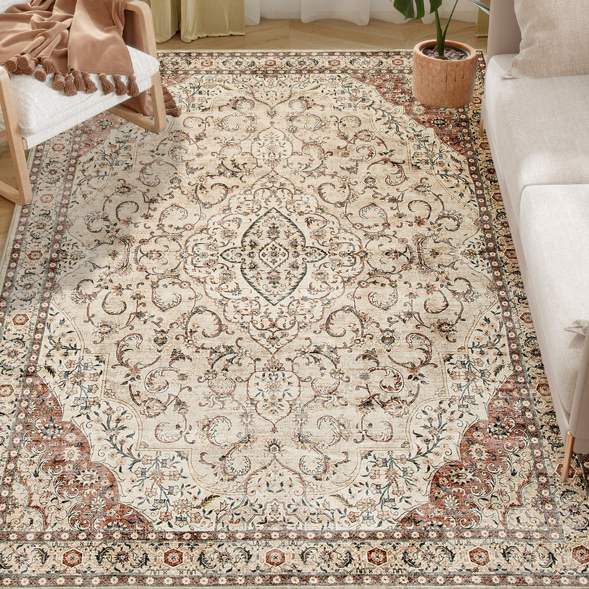 Tinyhomie Area Rug 5x7 Machine Washable Rug Non Slip Classical Floral Print Floor Carpet for Living Room Bedroom Mixed Brown