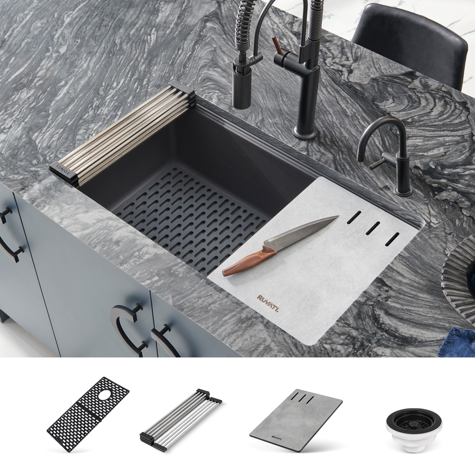 Ruvati RVG2302BK epiStage Undermount 32-in x 19-in Granite Single bowl Workstation Kitchen Sink