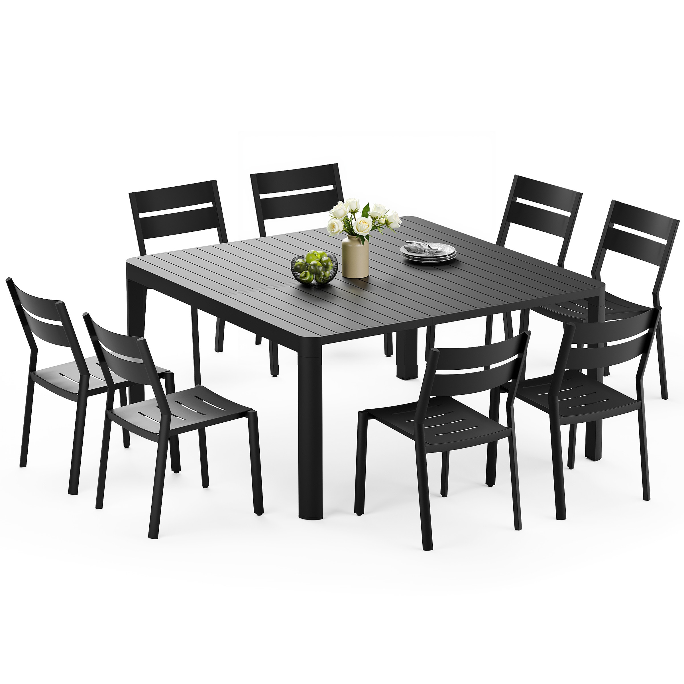 Crestlive Products CL-DC5042GRY-9 Patio Dining Sets 9 -Piece Gray Patio Dining Set Extendable Table Aluminum Rectangle Table with 8 Gray Stackable Stationary Chairs