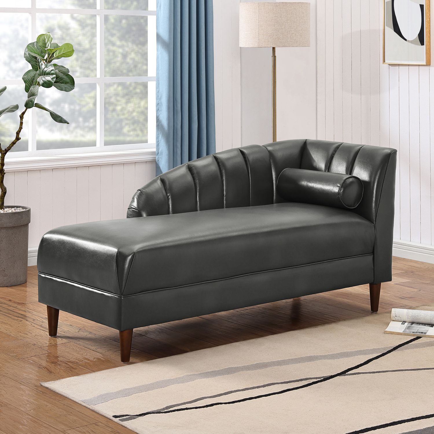 JASMODER W48767977 PU Chaise Lounge Chair With One Pillow For Living Room. Rubber Wood Legs. Pewter (27.5”X64”X32”)