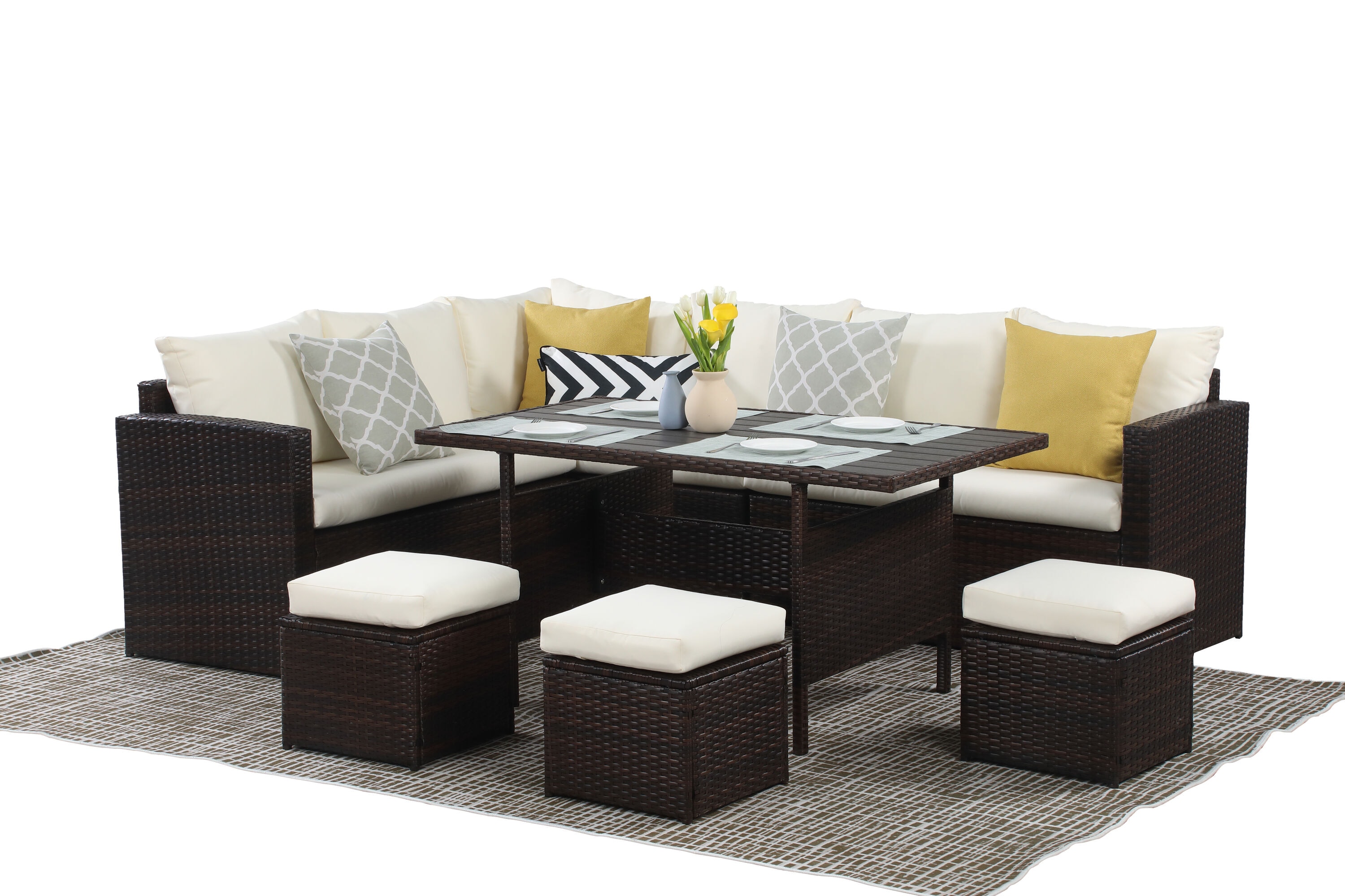 Forclover CTR-S00022 Patio Conversation Sets 7 -Piece Wicker Patio Conversation Set with Cream Cushions