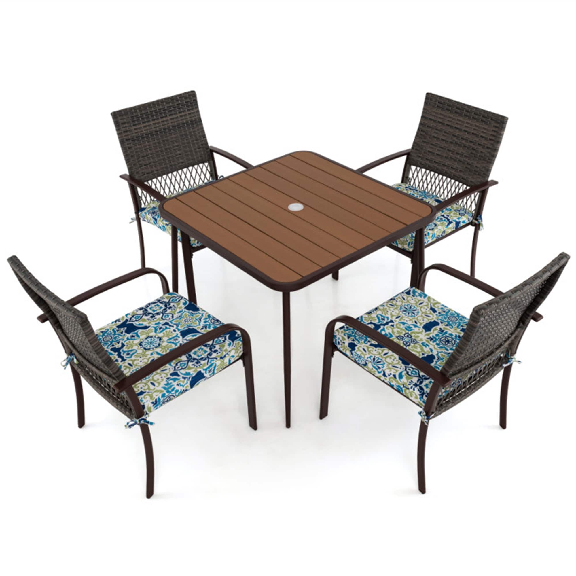 BABOOM BOM-741+-CO Patio Dining Set 5 -Piece Mix Brown Rattan Patio Dining Set Iron Square Table with 4 Multiple colors/finishes Cushions Stationary Chairs