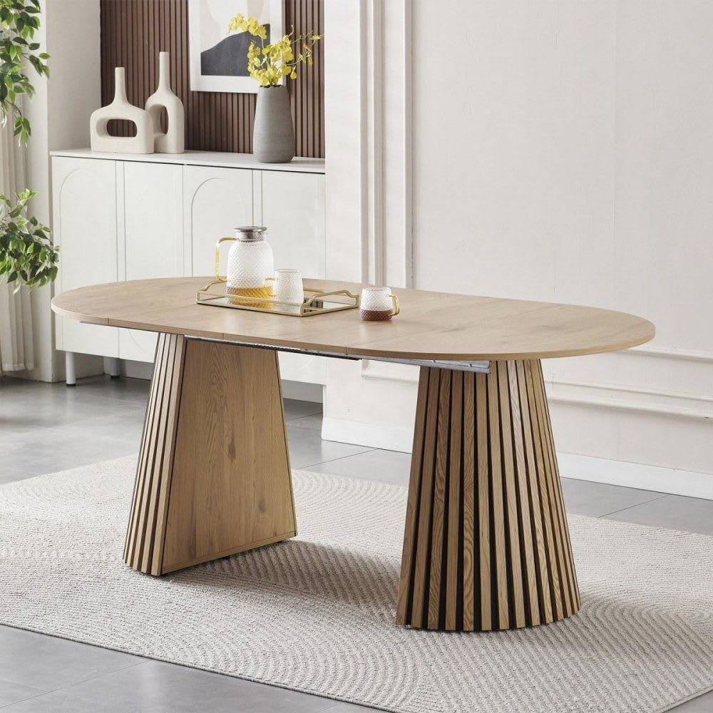 Coolbibila AMORA-TABLE-NATURAL Extendable Oval Natural Wooden Dining Table with Slatted Legs for Modern Living Room or Dining Room