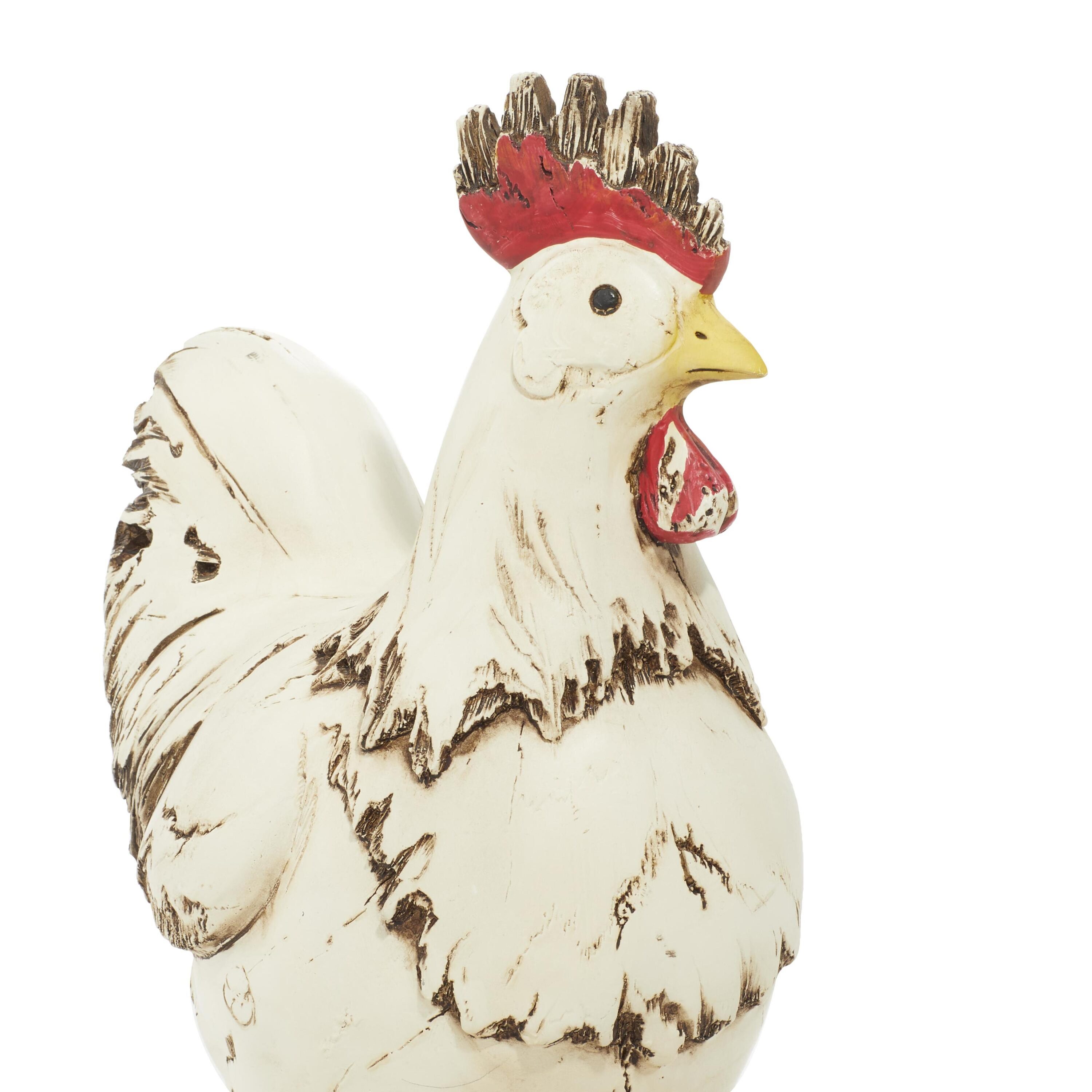 12" Distressed White Polystone Rooster Garden Sculpture