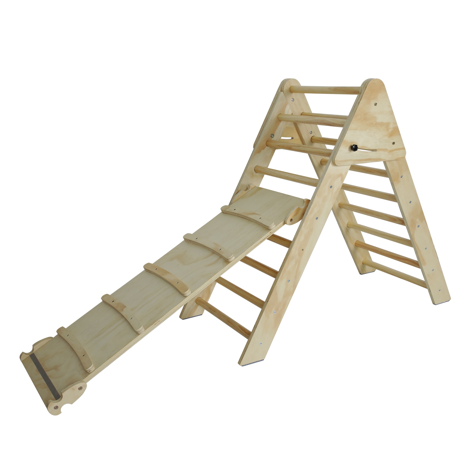 Boho Havens Wooden Pikler Triangle Climbing Ladder with Ramp and Slide for Toddlers in Natural Wood