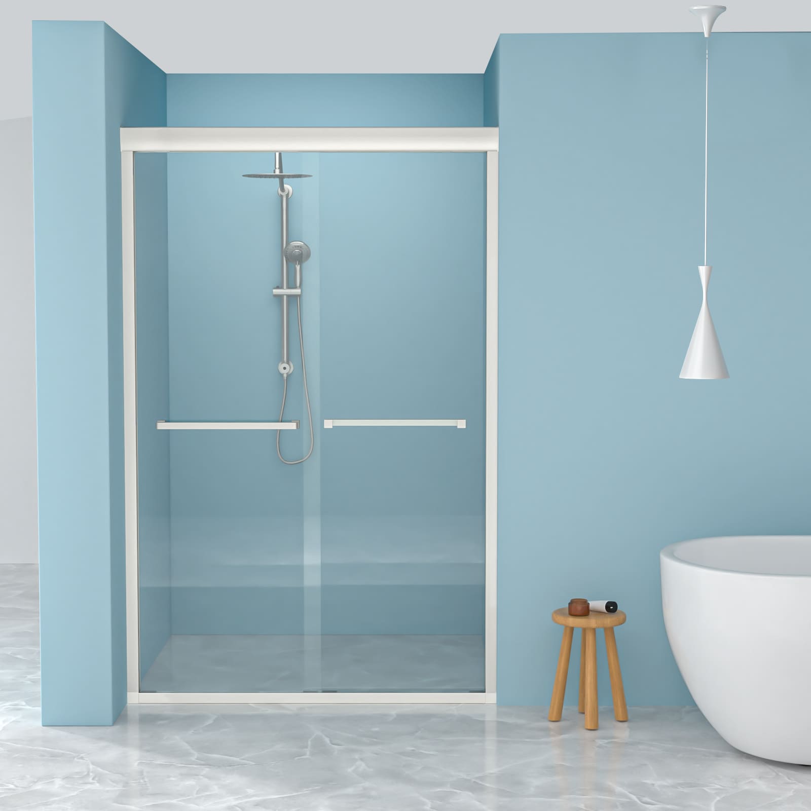 GLANZEND  Brushed Silver 48-in W x 76-in H Semi-frameless Clear Tempered Glass Double Bypass Sliding Shower Door
