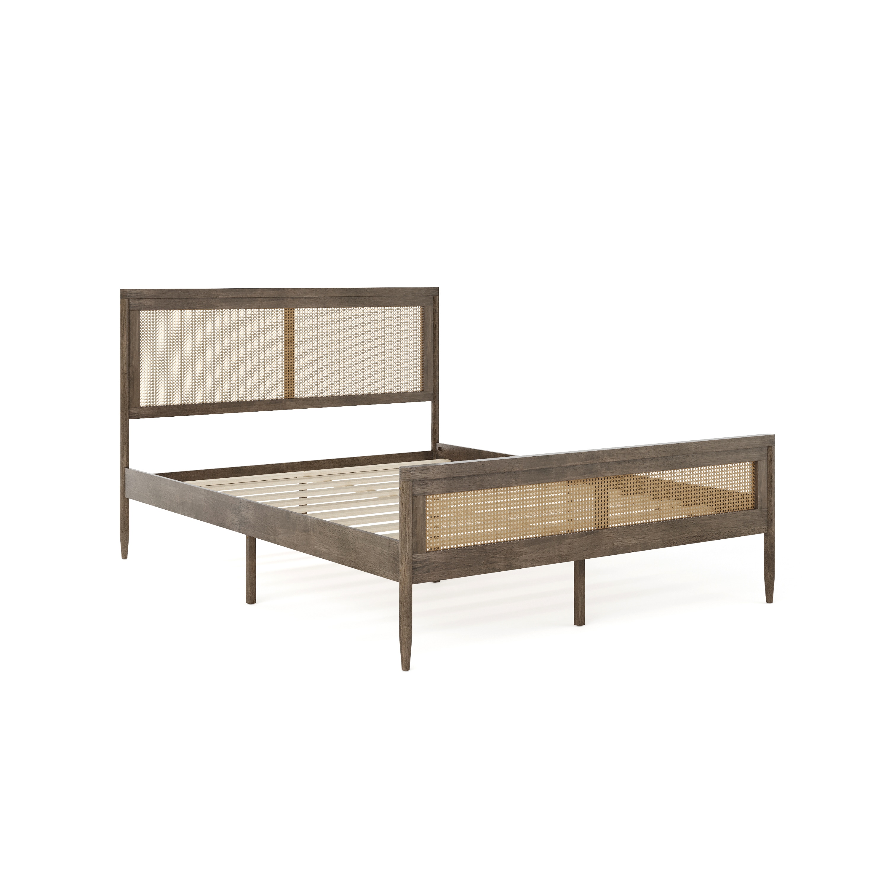 Brown Gray Queen Wood Platform Bed with Rattan Headboard and Footboard