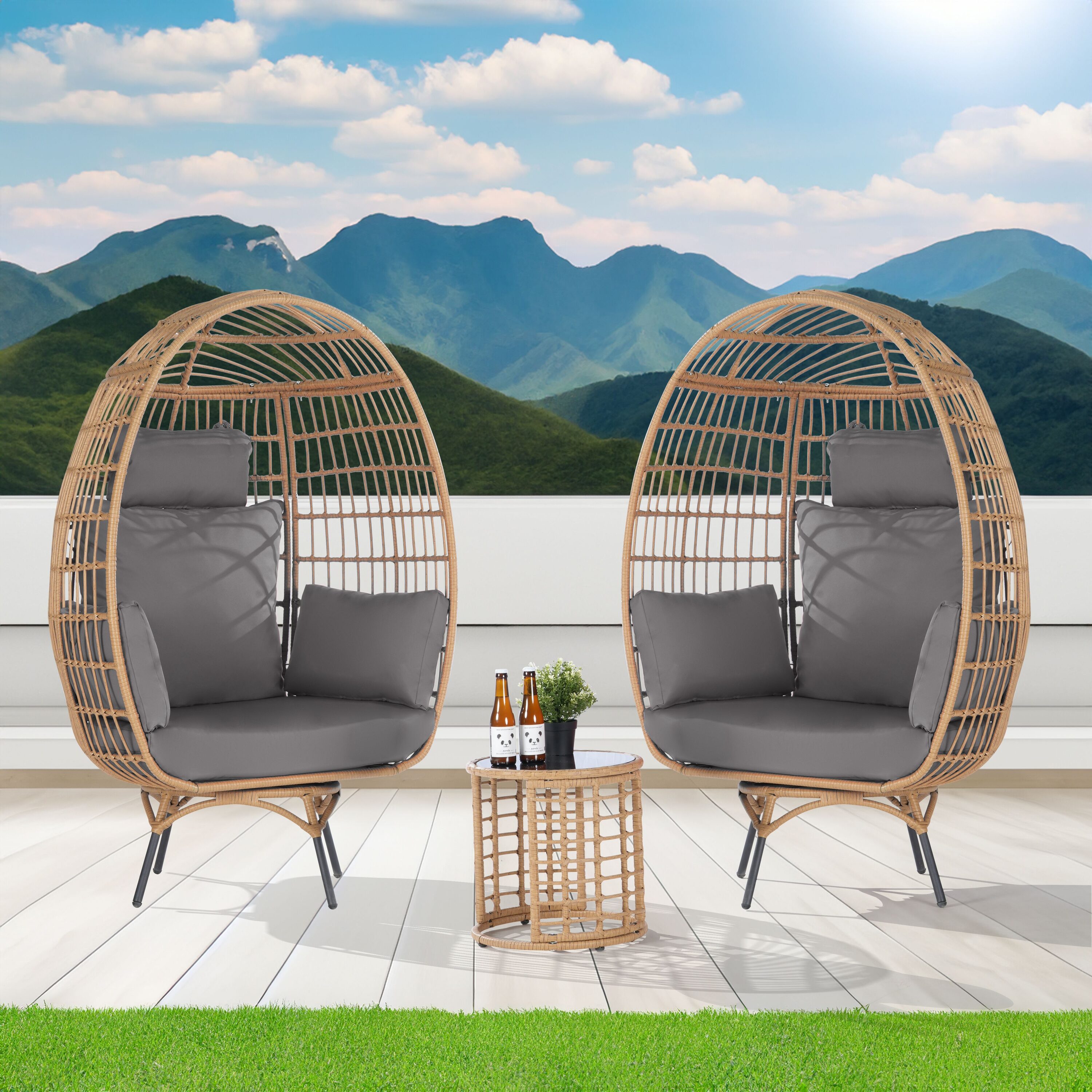 SANSTAR L-RJDC58GY-3P 3 -Piece Wicker Patio Conversation Set with Gray Cushions