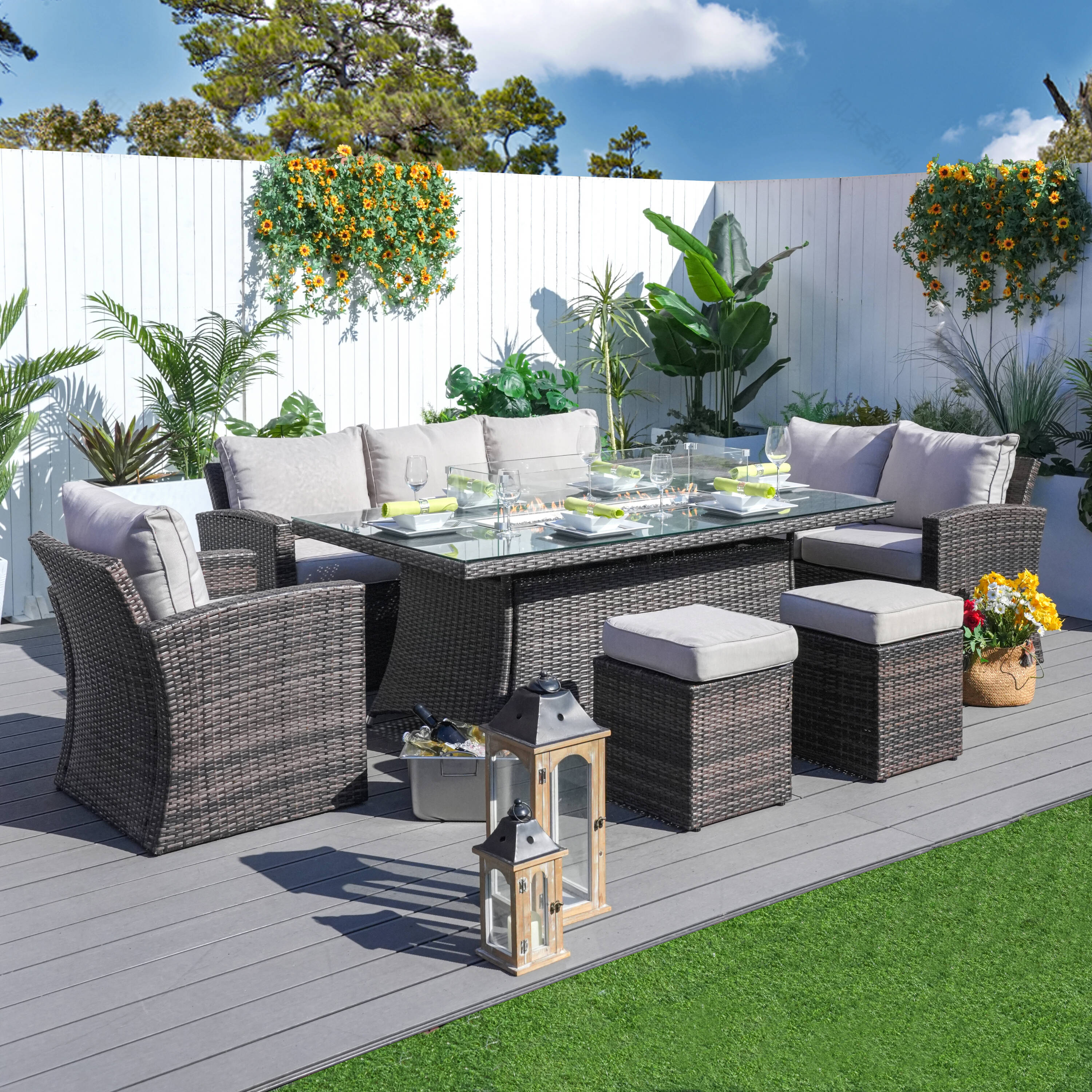 Direct Wicker DWG-1403B06R-BR 7 -Piece brown Wicker Patio Dining Set Aluminum Rectangle Table with 5 Beige Cushions Stationary Chairs Fire Pit Included