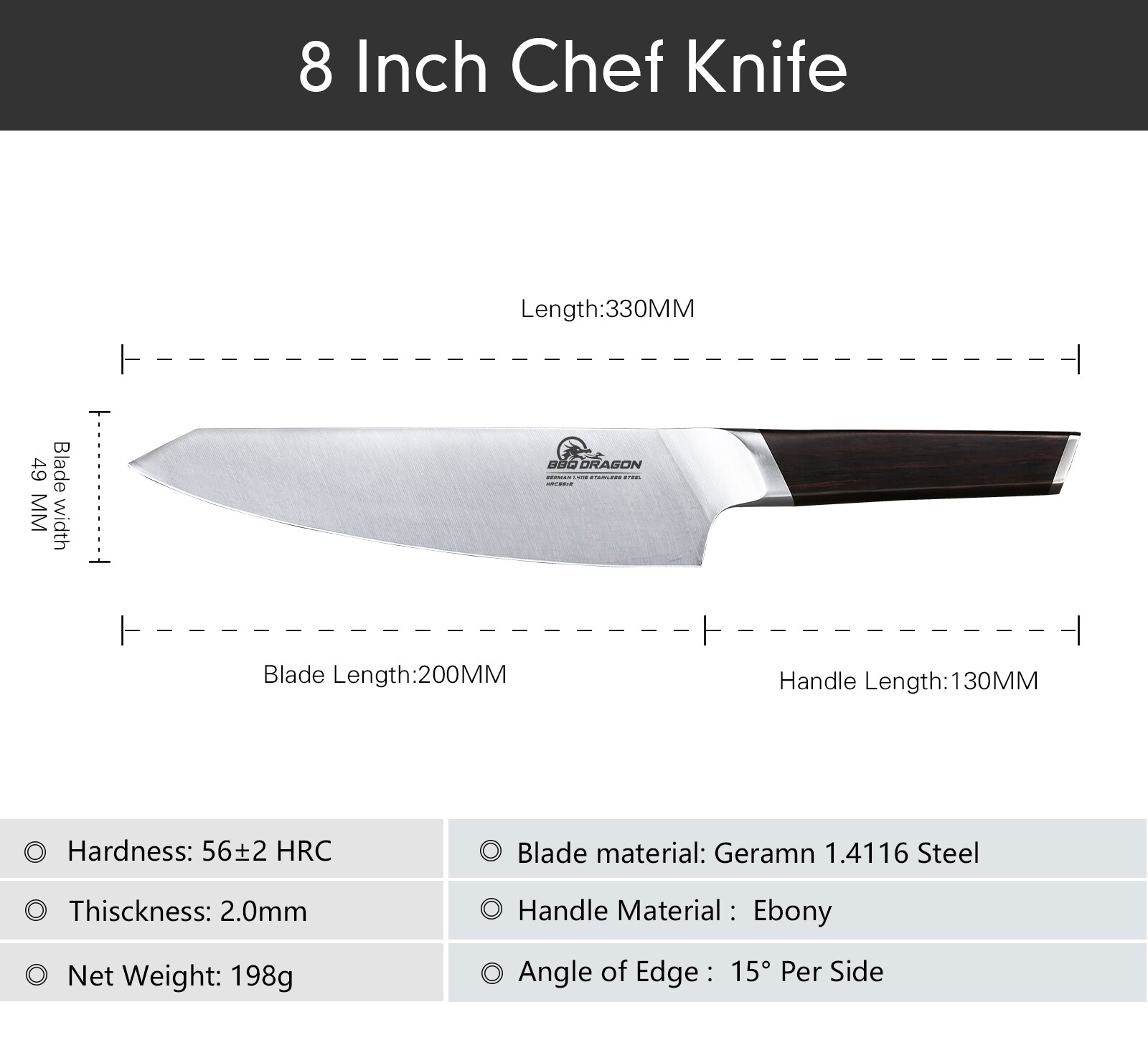 BBQ Dragon German Steel 8” Professional Chef Knife